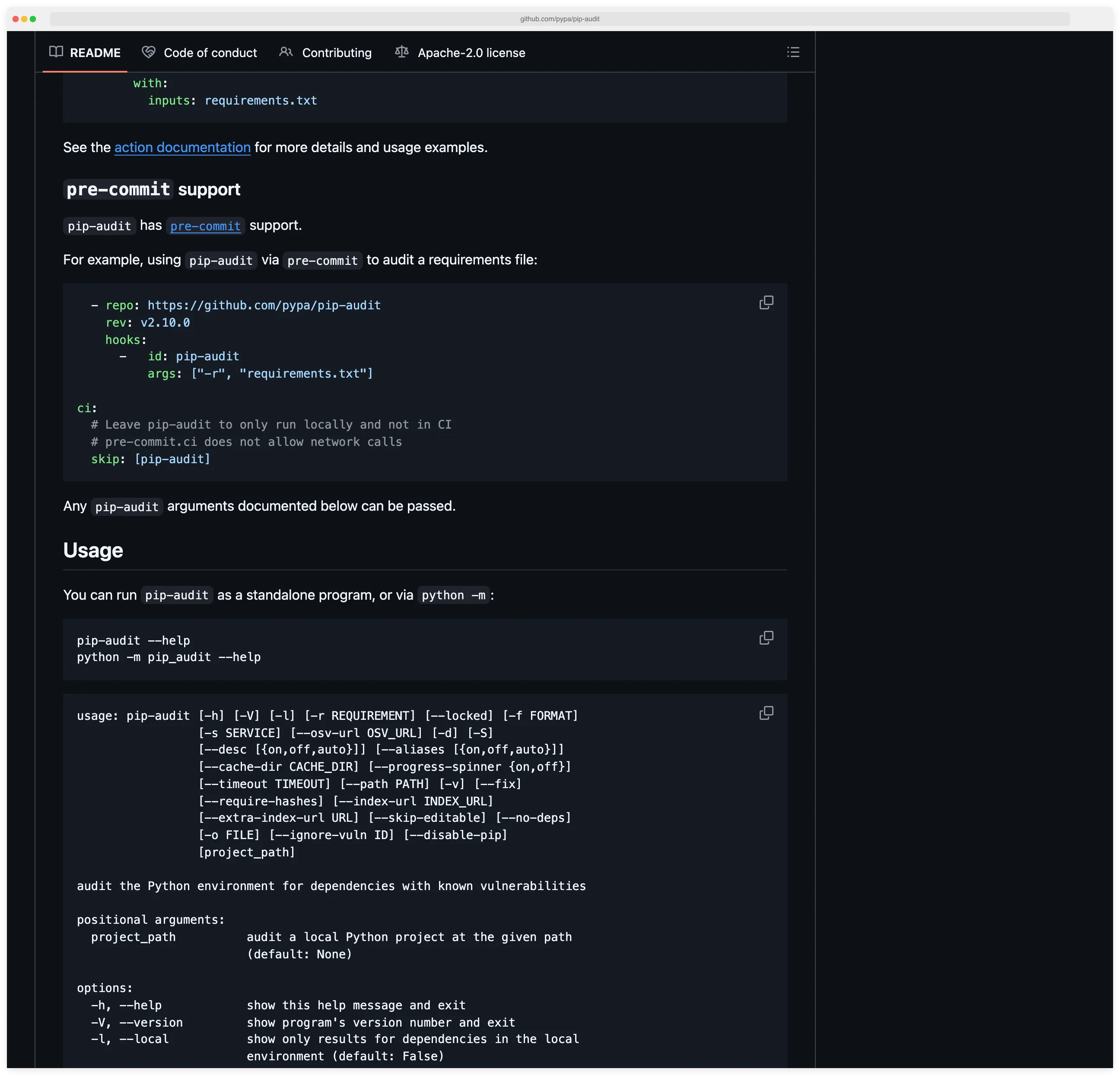 pip-audit GitHub repository page by PyPA and Trail of Bits showing the Python dependency scanner backed by OSV and the PyPI vulnerability feed