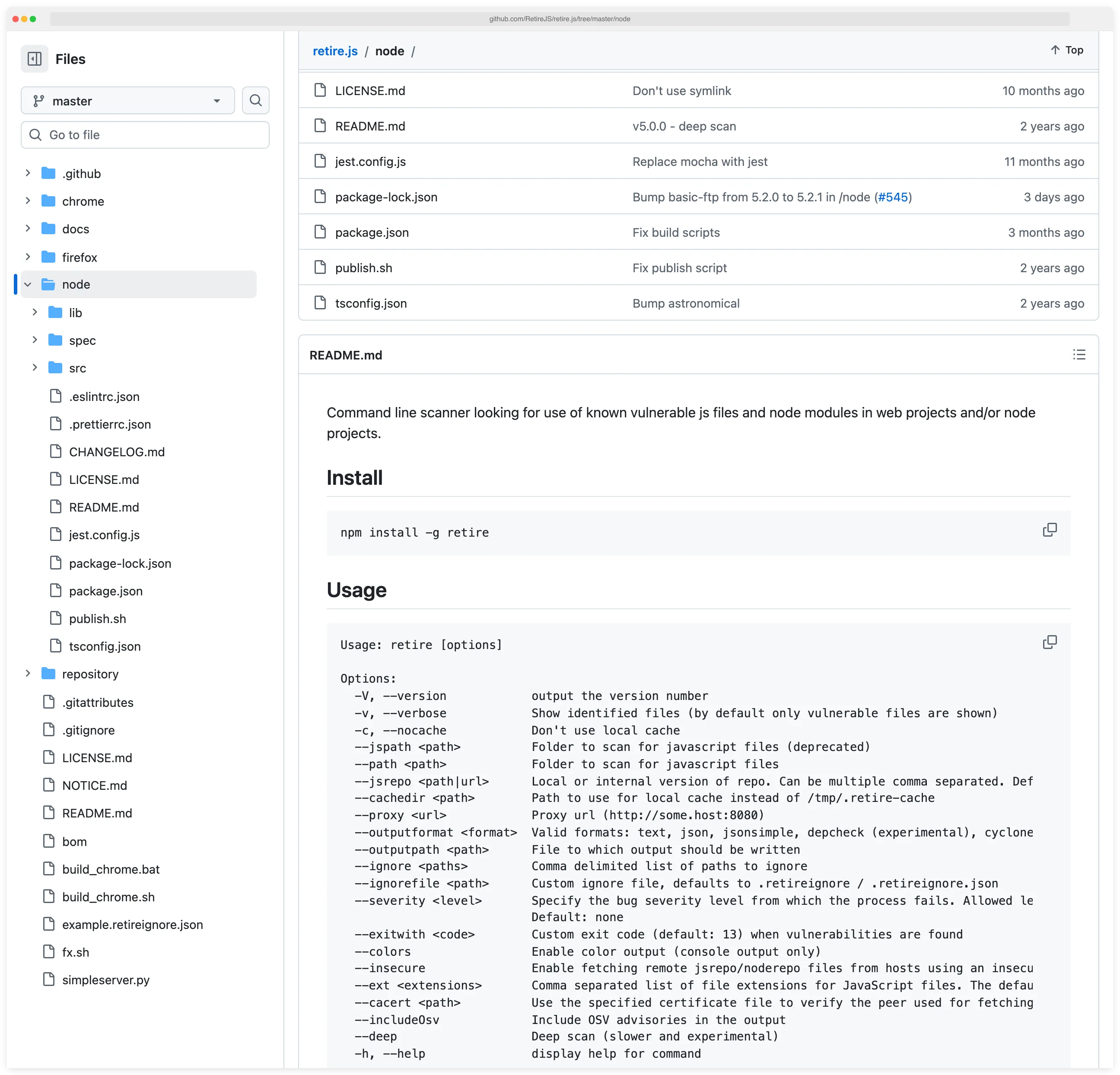 Retire.js GitHub repository page showing the CLI, Burp Suite plugin, Chrome extension and Grunt plugin that scan JavaScript libraries for known vulnerabilities