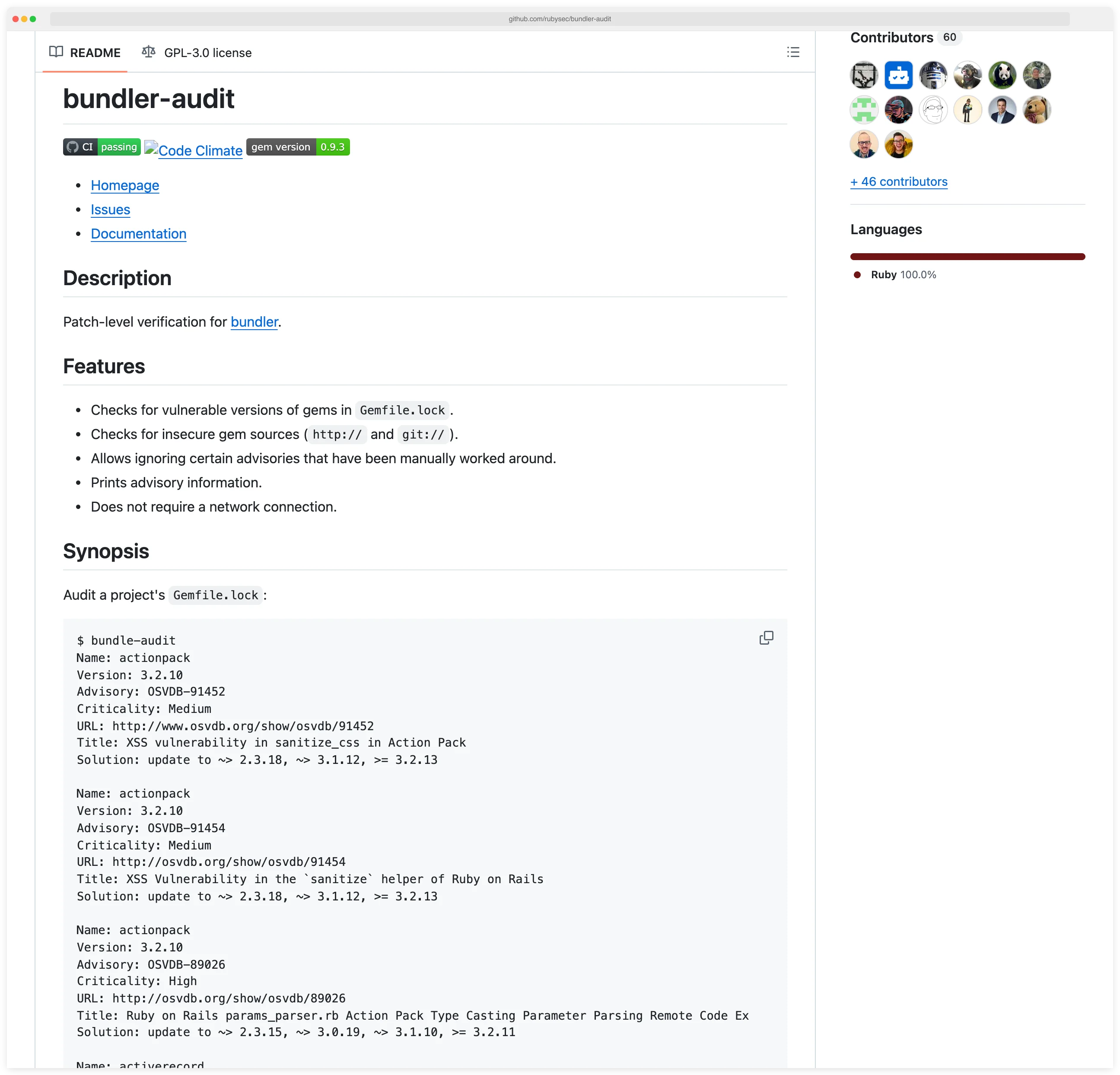 bundler-audit GitHub repository page by RubySec showing the minimal Ruby gem scanner that reads Gemfile.lock and reports CVEs from the Ruby Advisory Database