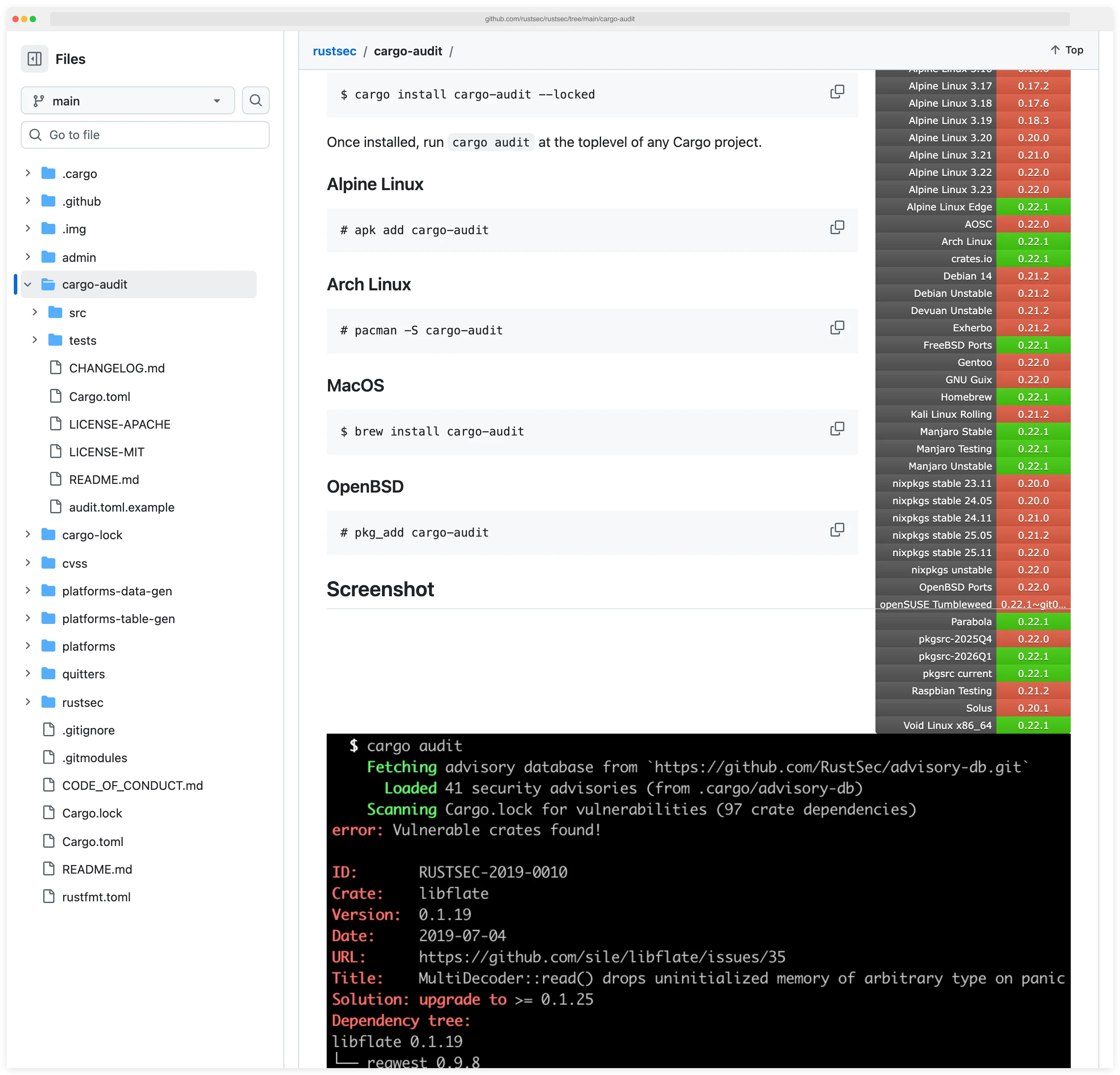 RustSec GitHub repository home for cargo-audit showing the Rust CLI that scans Cargo.lock files against the RustSec Advisory Database for CVEs, yanked crates and unmaintained dependencies