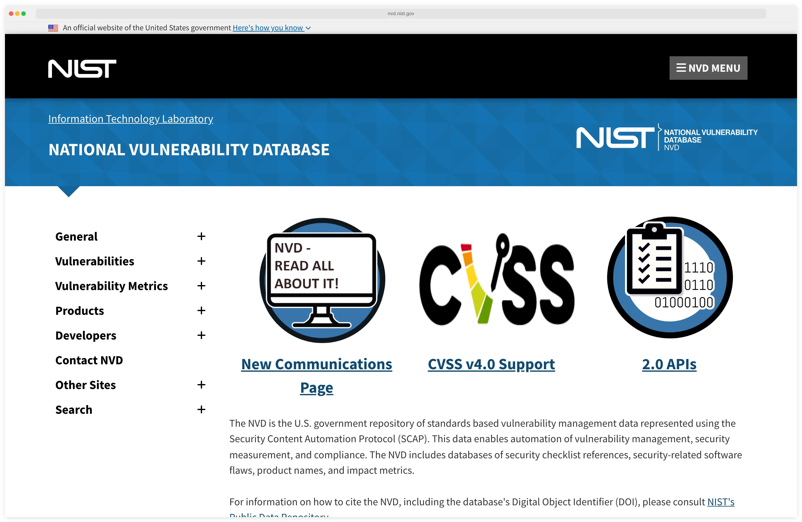 National Vulnerability Database homepage at nvd.nist.gov — the US government CVE catalog that OWASP Dependency-Check queries via CPE matching