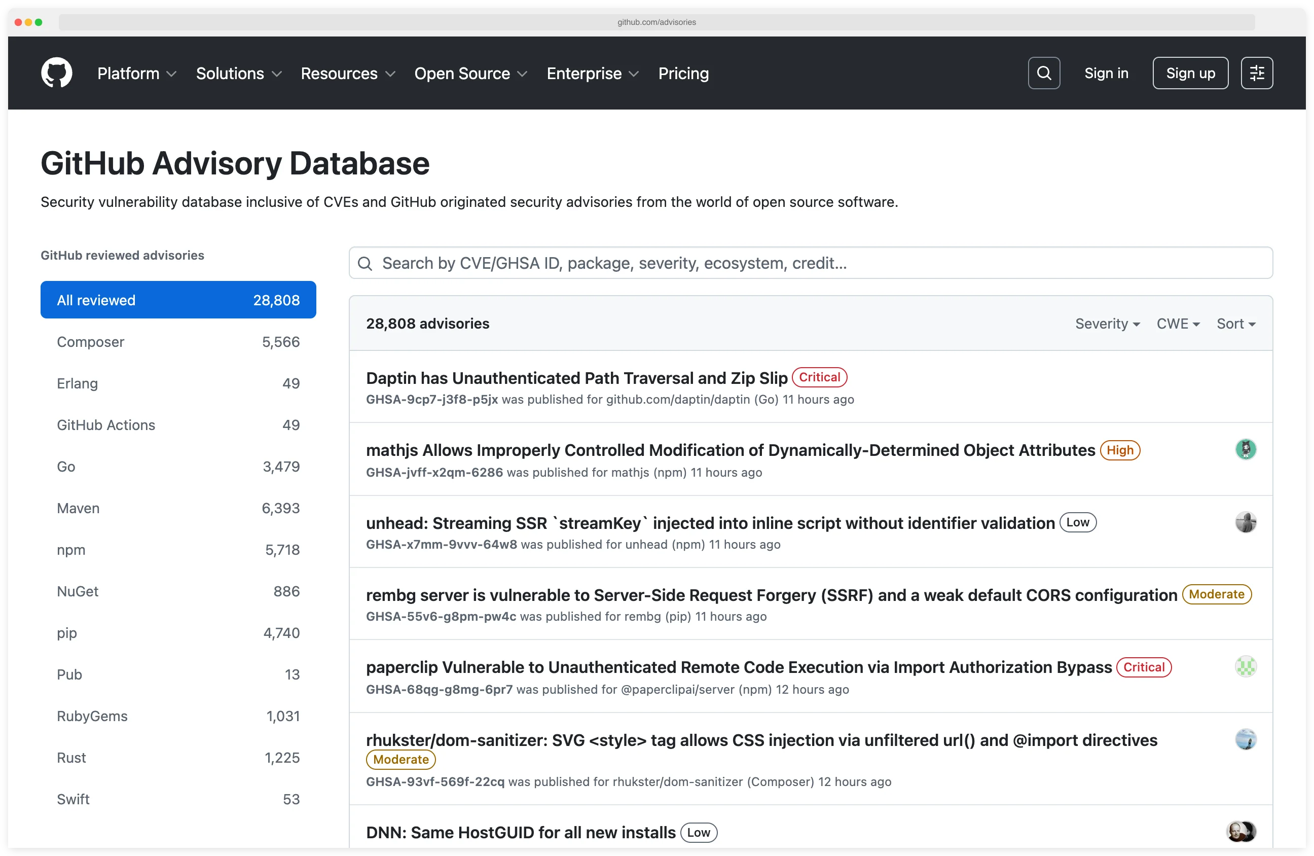 GitHub Advisory Database listing page at github.com/advisories showing curated vulnerabilities for npm, PyPI, Maven, RubyGems, NuGet, Go, Composer and Rust ecosystems