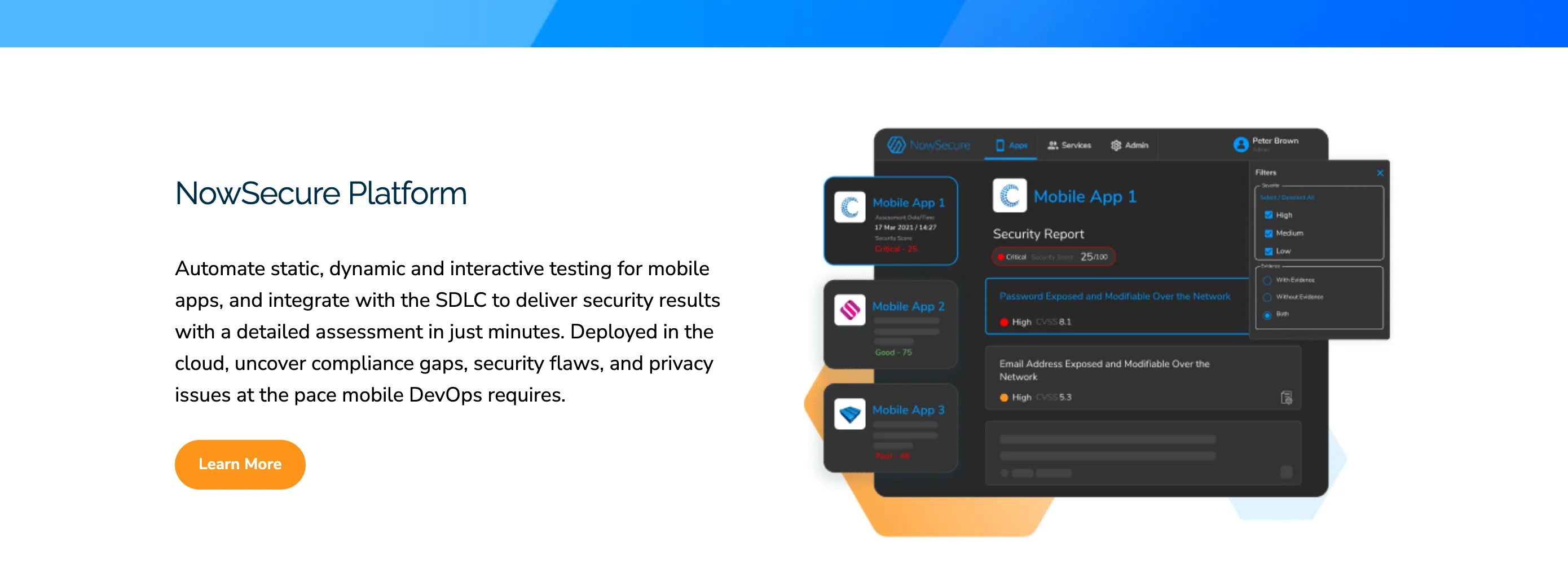 NowSecure Platform product section showing the Mobile App 1 Security Report dashboard with high-severity findings and an address-exposure alert, paired with the platform description — automating static, dynamic, and interactive testing for mobile apps integrated with the SDLC
