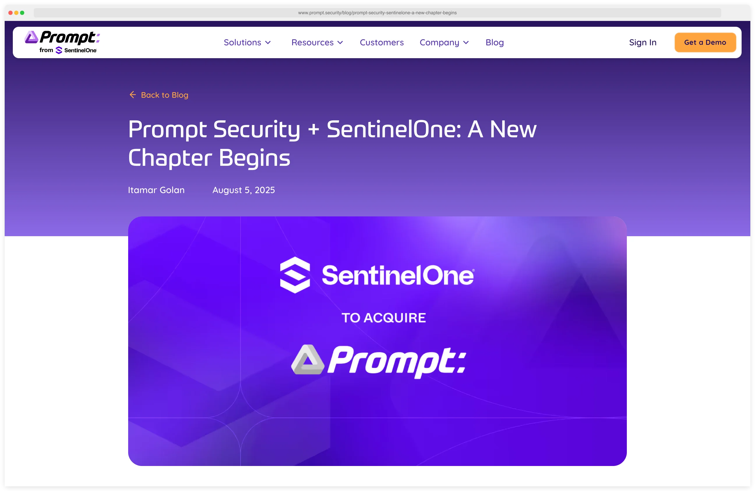 Prompt Security blog post announcement: 'Prompt Security + SentinelOne: A New Chapter Begins' dated August 5, 2025, showing SentinelOne to acquire Prompt branding