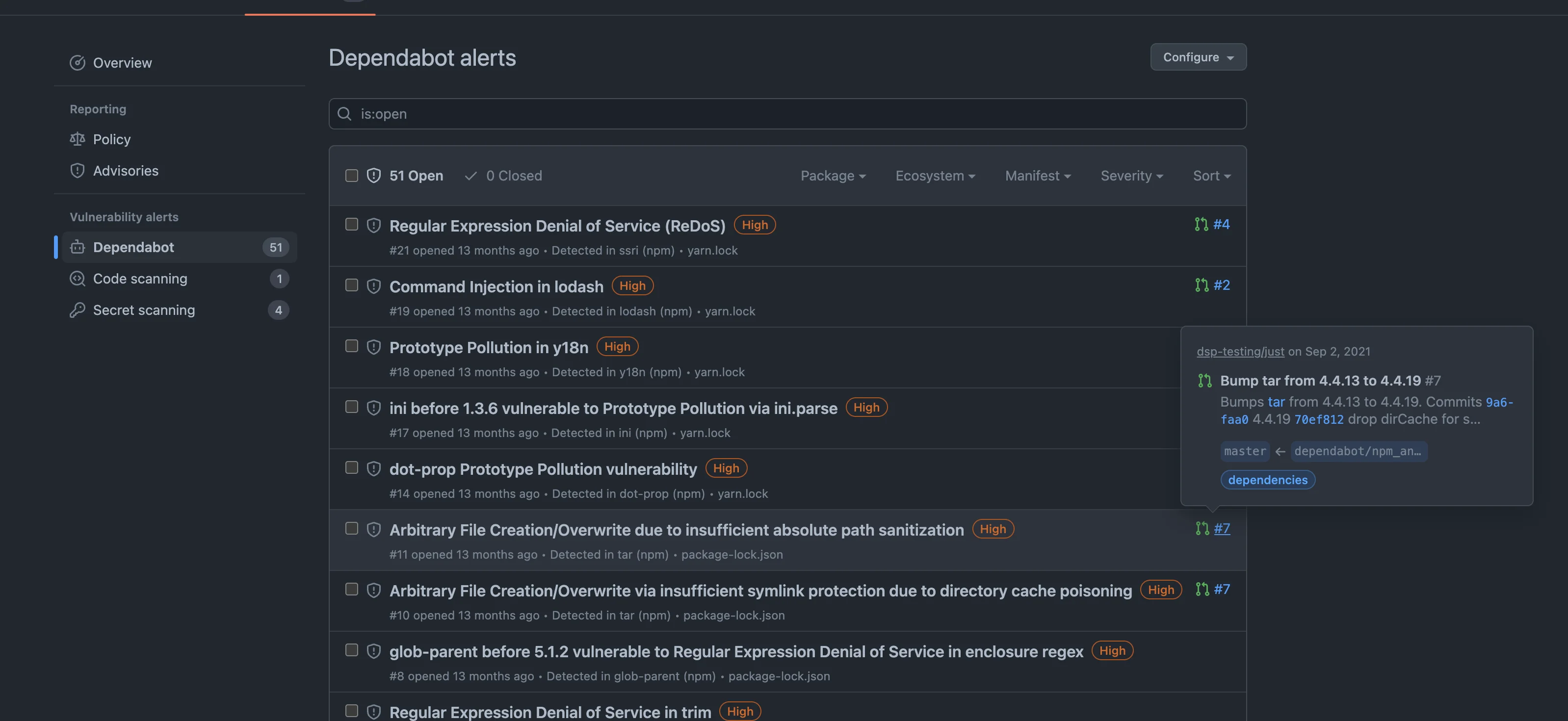 GitHub Dependabot alerts dashboard showing 51 open vulnerability alerts with severity labels and priority ranking