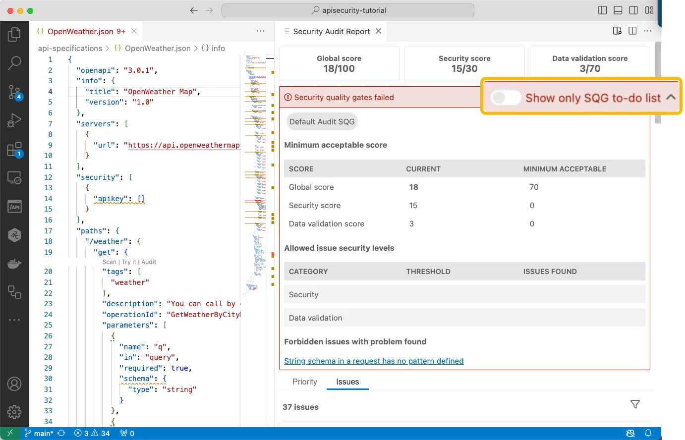 42Crunch API security audit report in VS Code showing OpenAPI specification security score, quality gates, and detailed audit findings with severity levels