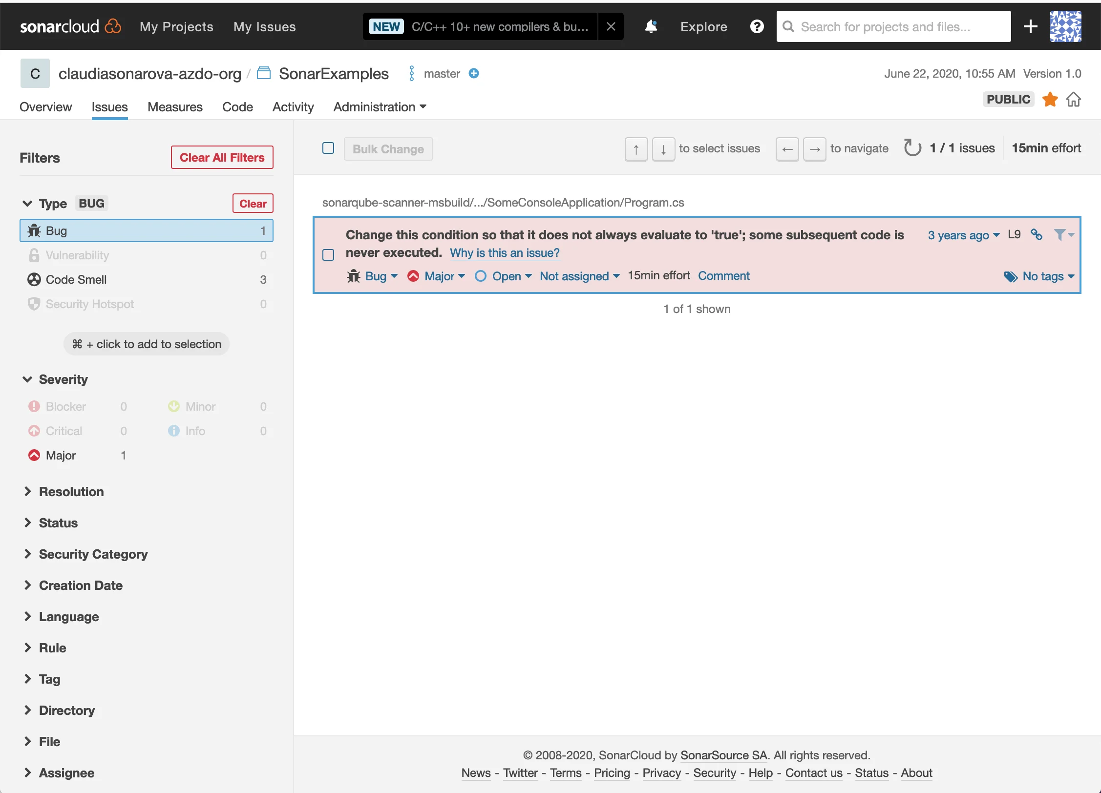 SonarCloud Issues view on a C# .NET project (SomeConsoleApplication/Program.cs) showing a Major Bug category with assignable status, filters for Type, Severity, Security Category, and Language — the Roslyn-based C# analysis described in the prose