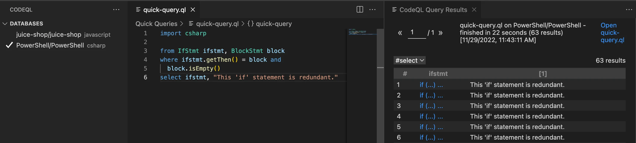 CodeQL for VS Code basic query.ql (import csharp; from IfStmt ifstmt, BlockStmt block where ifstmt.getThen = block and block.isEmpty select ifstmt) running against a juice-shop PowerShell/C# database and returning 63 results in 22 seconds — the queryable-database approach described in the prose
