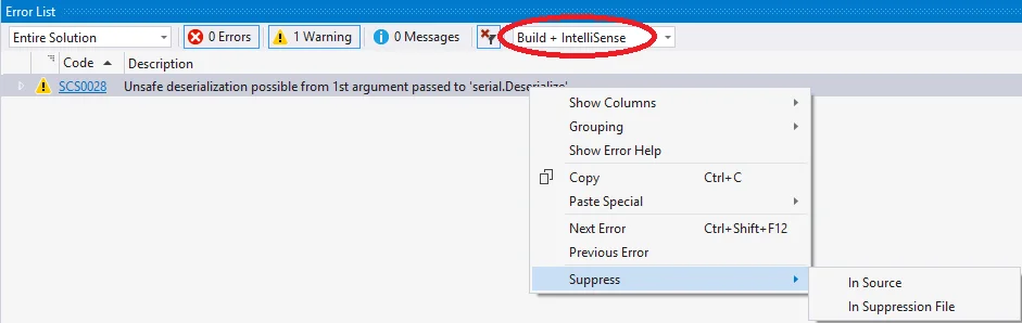 Visual Studio Error List showing a Security Code Scan SCS0028 warning: 'Unsafe deserialization possible from 1st argument passed to serial.Deserialize', with the Build plus IntelliSense filter active and a right-click Suppress menu offering In Source or In Suppression File