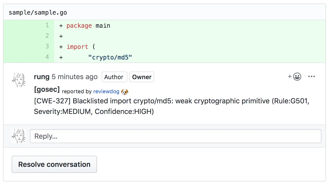 gosec finding from a real GitHub PR review: CWE-327 Blacklisted import crypto/md5 weak cryptographic primitive flagged as Rule G501, Severity MEDIUM, Confidence HIGH on sample/sample.go line 4, surfaced inline by the reviewdog GitHub Actions integration