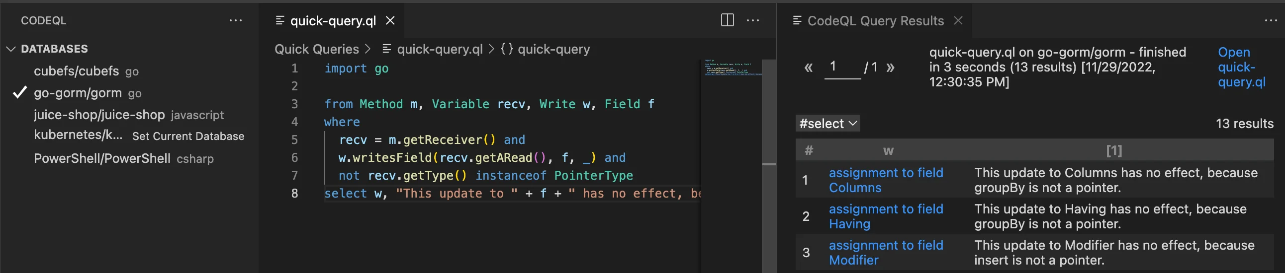 CodeQL for VS Code running a basic Go query.ql against the go-gorm/gorm repository and returning 13 results in 3 seconds — the Go queryable-database approach described in the prose