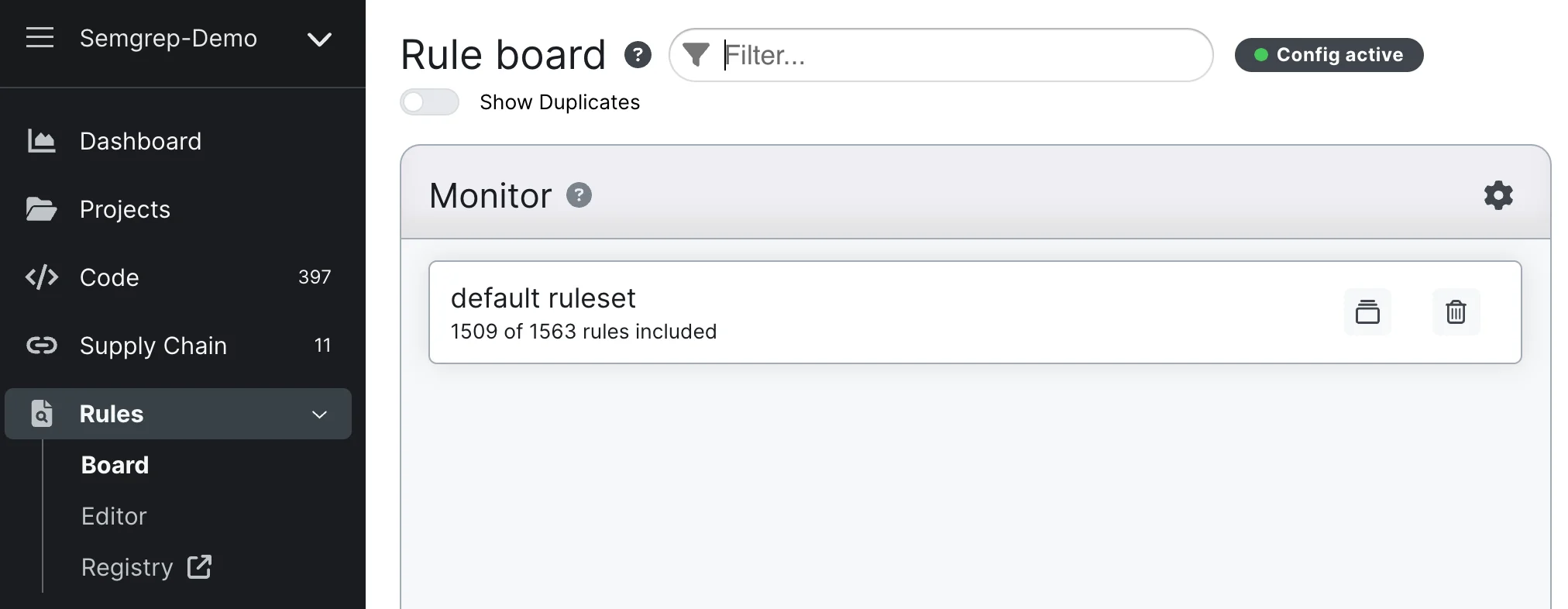 Semgrep AppSec Platform Rule board showing an active default ruleset with 1,509 of 1,563 rules included across Code (397), Supply Chain (11), and Rules modules — concrete evidence of the Semgrep Registry scale described in the prose