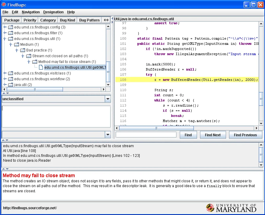 The SpotBugs GUI inspecting a FindBugs project - left tree groups findings by priority and category, right pane shows Util.java:108 with a Medium bad-practice Stream not closed finding, confirming the bytecode-level inspection described in the prose