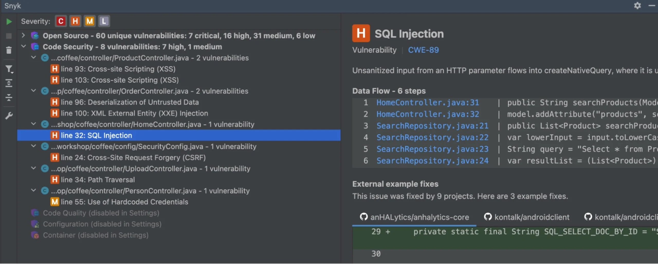 Snyk Code IntelliJ plugin showing 8 Code Security findings including SQL Injection at line 32 of HomeController.java, CWE-89, with a 6-step data flow path from HomeController through SearchRepository - the cross-file Java taint analysis described in the prose