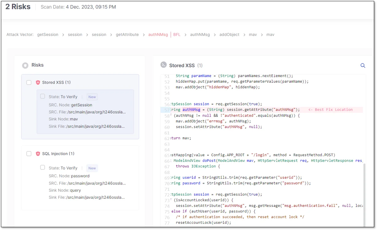 Checkmarx SAST Results Viewer showing a Stored XSS vulnerability with attack vector getSession → getAttribute → authNMsg → addObject traced across mav.java, and a Best Fix Location marker on line 57 - the inter-procedural data flow analysis described in the prose