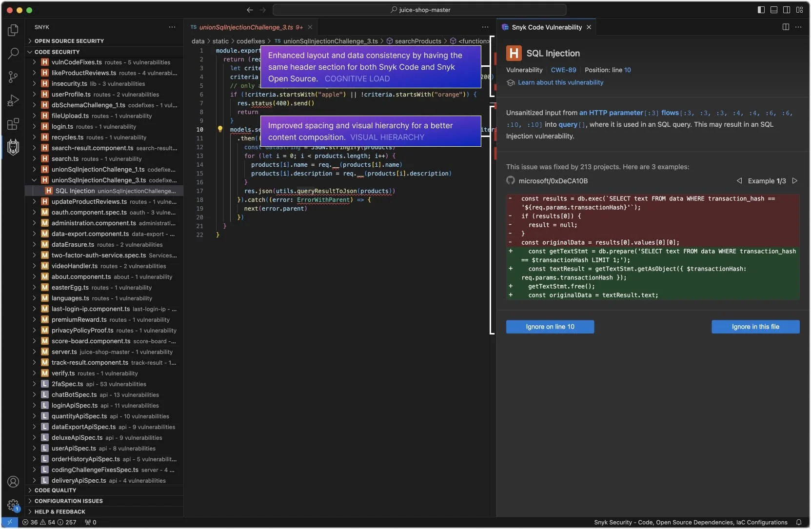 Snyk Code showing JavaScript taint flow analysis tracing user input through Express middleware to a vulnerable sink