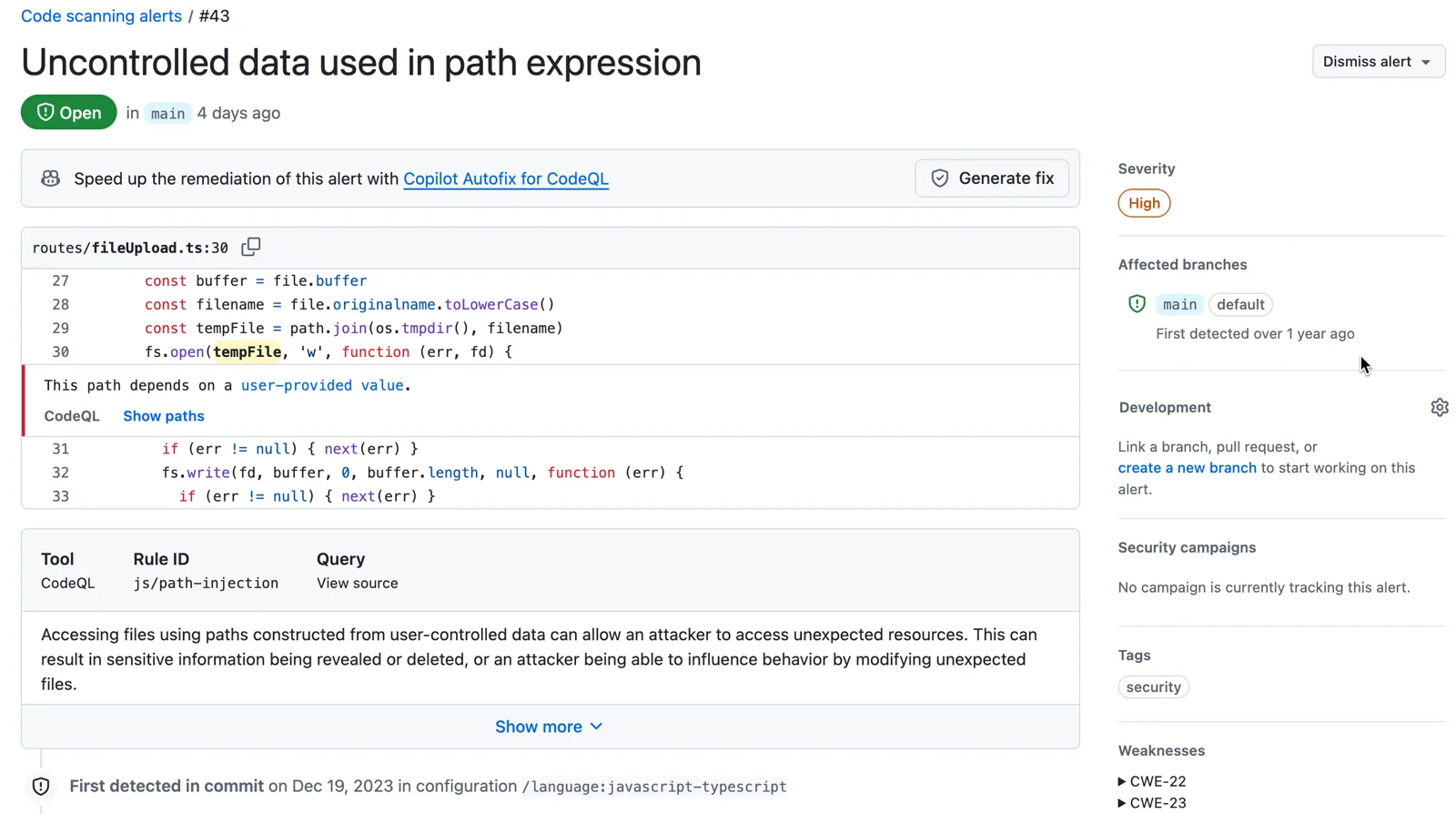 GitHub CodeQL code scanning alert showing JavaScript vulnerability with inter-procedural taint flow path