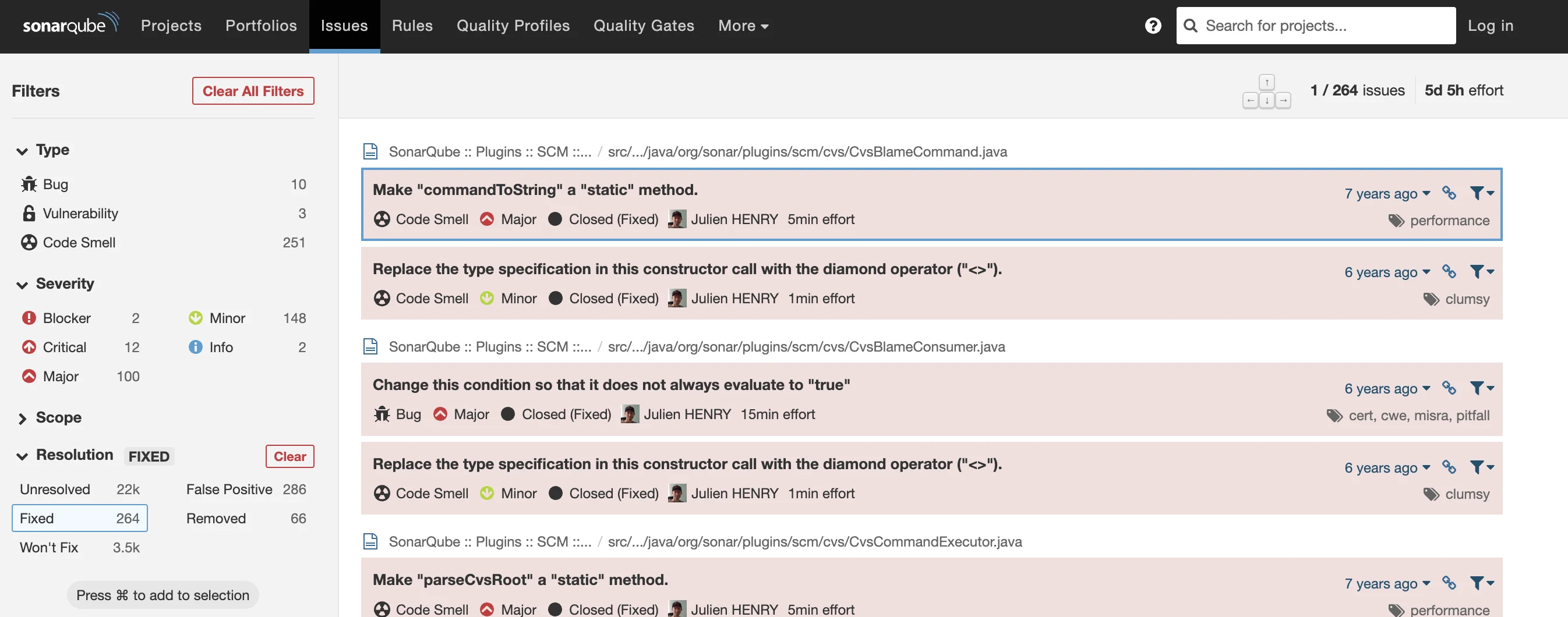SonarQube Issues view showing 1 of 264 issues across Bugs (10), Vulnerabilities (3), and Code Smells (251), with severity breakdown (Blocker 2, Critical 12, Major 100, Minor 148, Info 2) and CWE/OWASP tags on findings, concrete evidence of the hundreds of rules across security, reliability, and maintainability mentioned in the prose