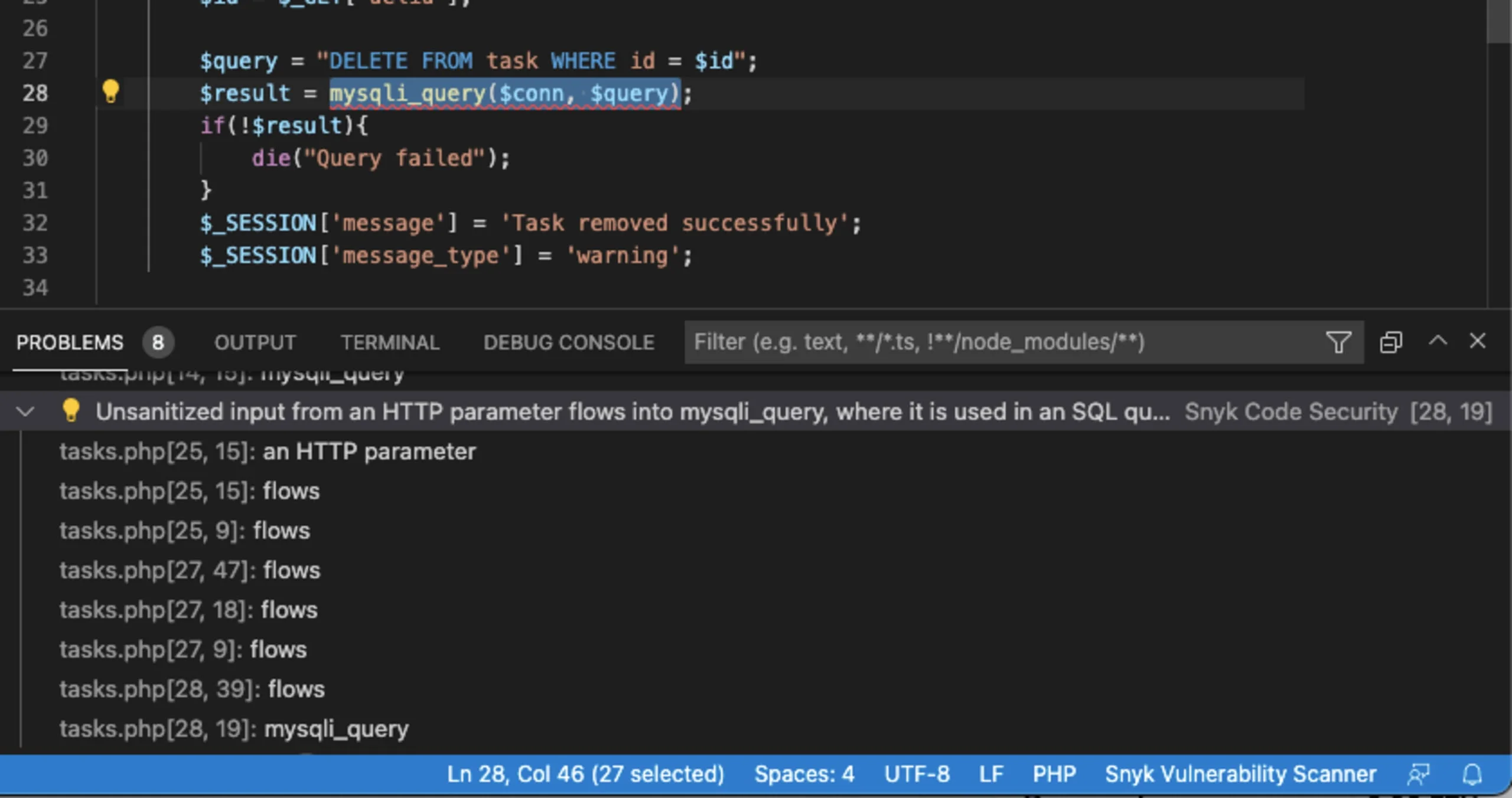 Snyk Code IDE extension in VS Code flagging an unsanitized HTTP parameter flowing into mysqli_query in tasks.php line 28, with the full taint trace listed in the Problems panel, concrete evidence of the cross-file data flow and SQL injection detection mentioned in the prose