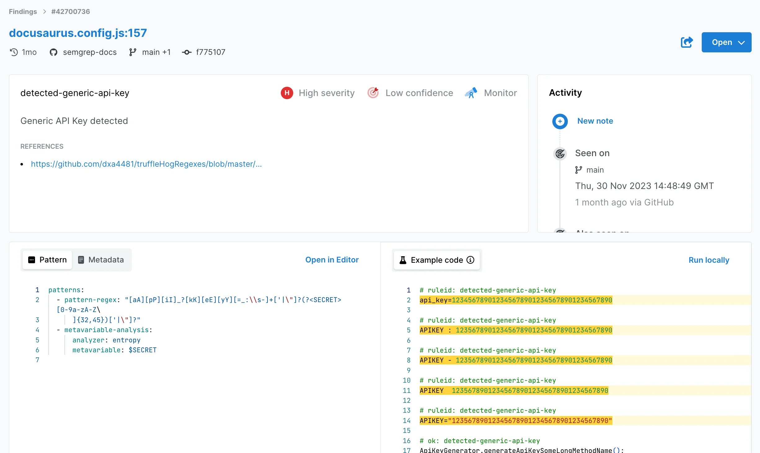 Semgrep finding detail for a detected-generic-api-key rule showing the YAML pattern (pattern-regex plus metavariable entropy analysis) alongside the example code and rule metadata, concrete evidence of the YAML custom rule authoring that makes Semgrep readable and fast to write