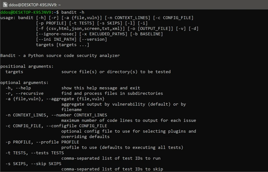 Bandit SAST scanner terminal output showing Python security issues with severity ratings