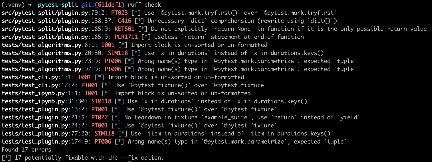 Ruff CLI output running ruff --select OID across a dataset of testsite files, listing PTH123 open() should be Path.open and PTH118 os.path.join replace suggestions across tryfirst.py, tryflaw.py, tryflawtest.py, and multiple testsite/flaws.py entries with line numbers and rule codes