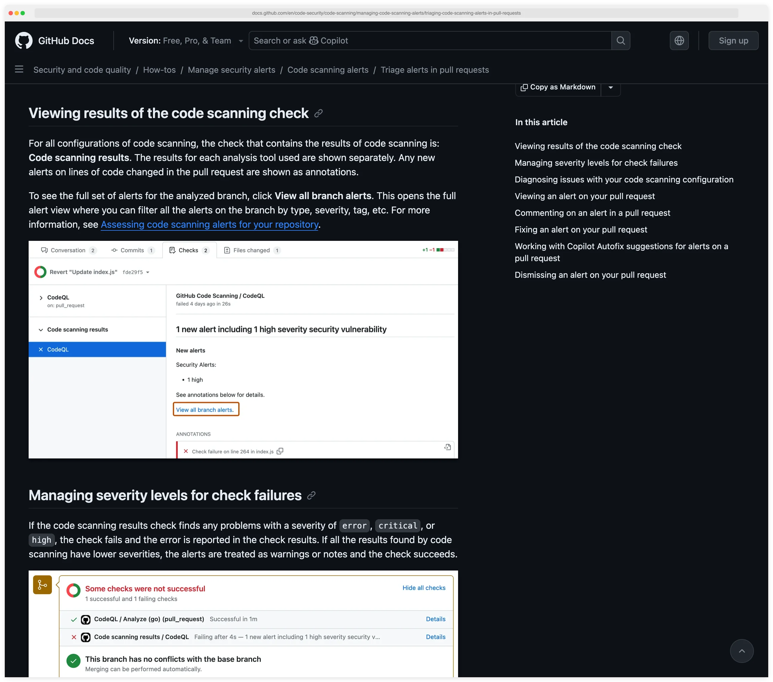 GitHub code scanning documentation showing a CodeQL alert on a pull request with the message '1 new alert including 1 high severity security vulnerability' and a link to view all branch alerts