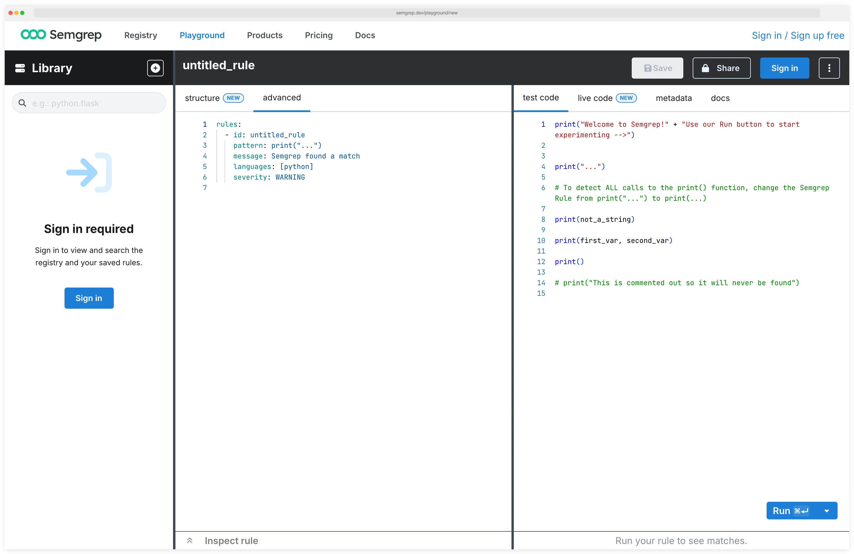 Semgrep Playground showing a custom YAML rule in the editor panel alongside test Python code in the right panel, with Run button to execute the pattern match