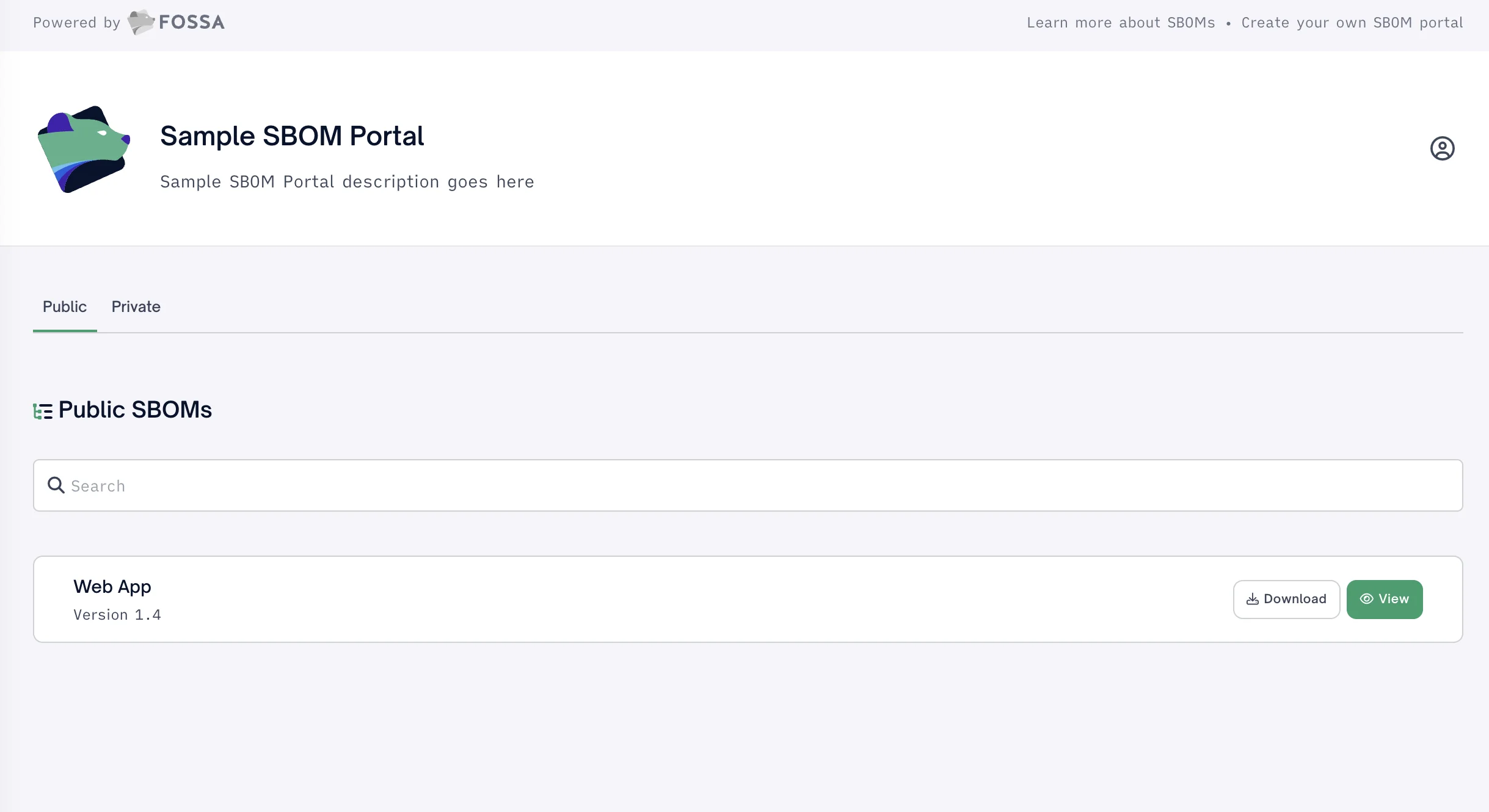 FOSSA Sample SBOM Portal UI showing a centralized distribution portal with Public and Private SBOM tabs, a search bar, and a Web App v1.4 entry with Download and View actions under the 'Powered by FOSSA' header