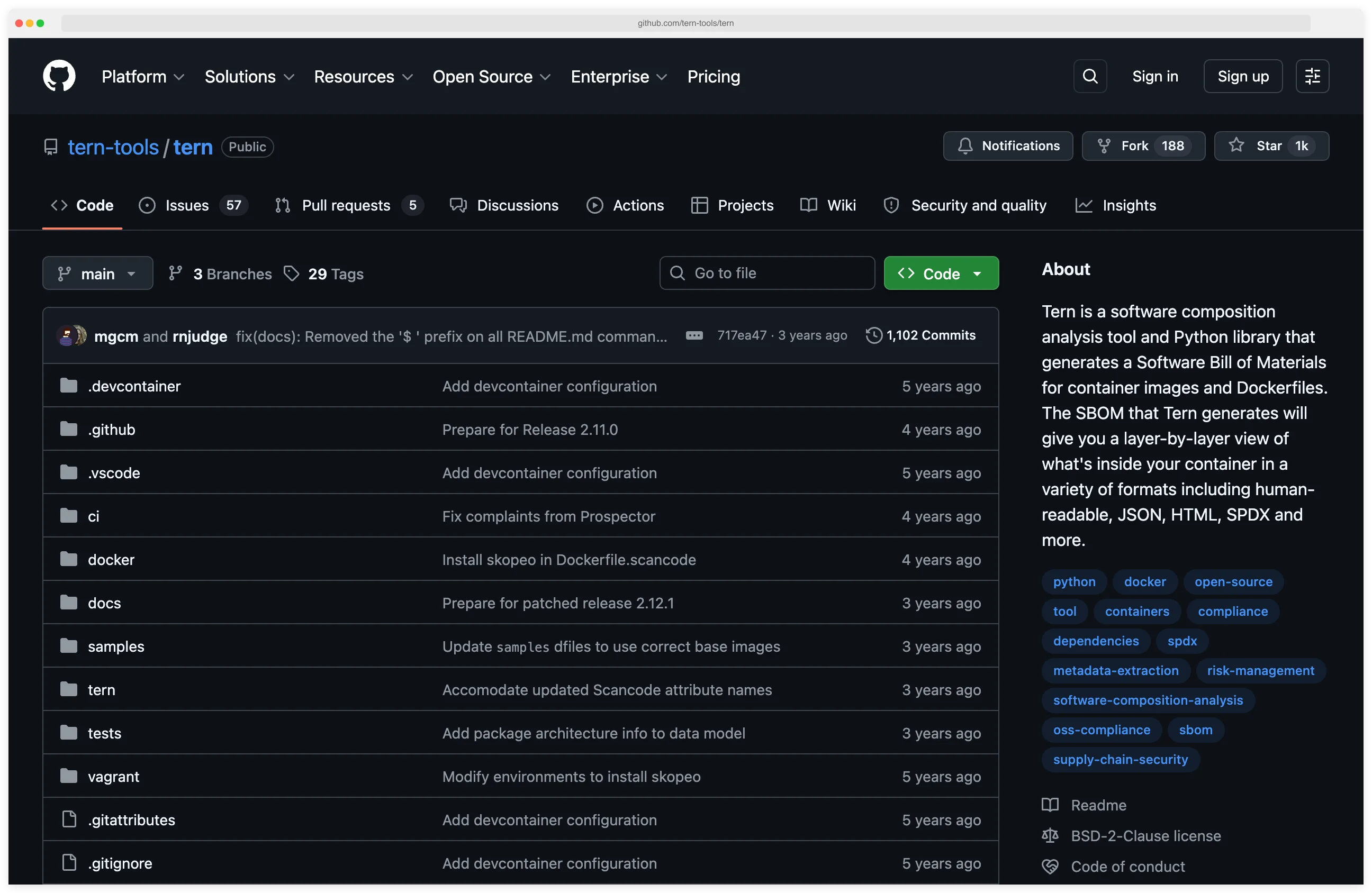 Tern GitHub repository README at github.com/tern-tools/tern showing Linux Foundation container layer analysis tool with SPDX and CycloneDX output and per-layer component attribution