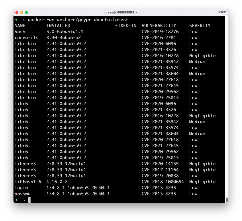 Grype terminal CVE scan output from 'docker run anchore/grype ubuntu:latest' showing vulnerability findings across bash, coreutils, libc-bin, libdb5, libext2fs, and liblz4 packages with installed version, fixed-in version, vulnerability ID, and severity columns