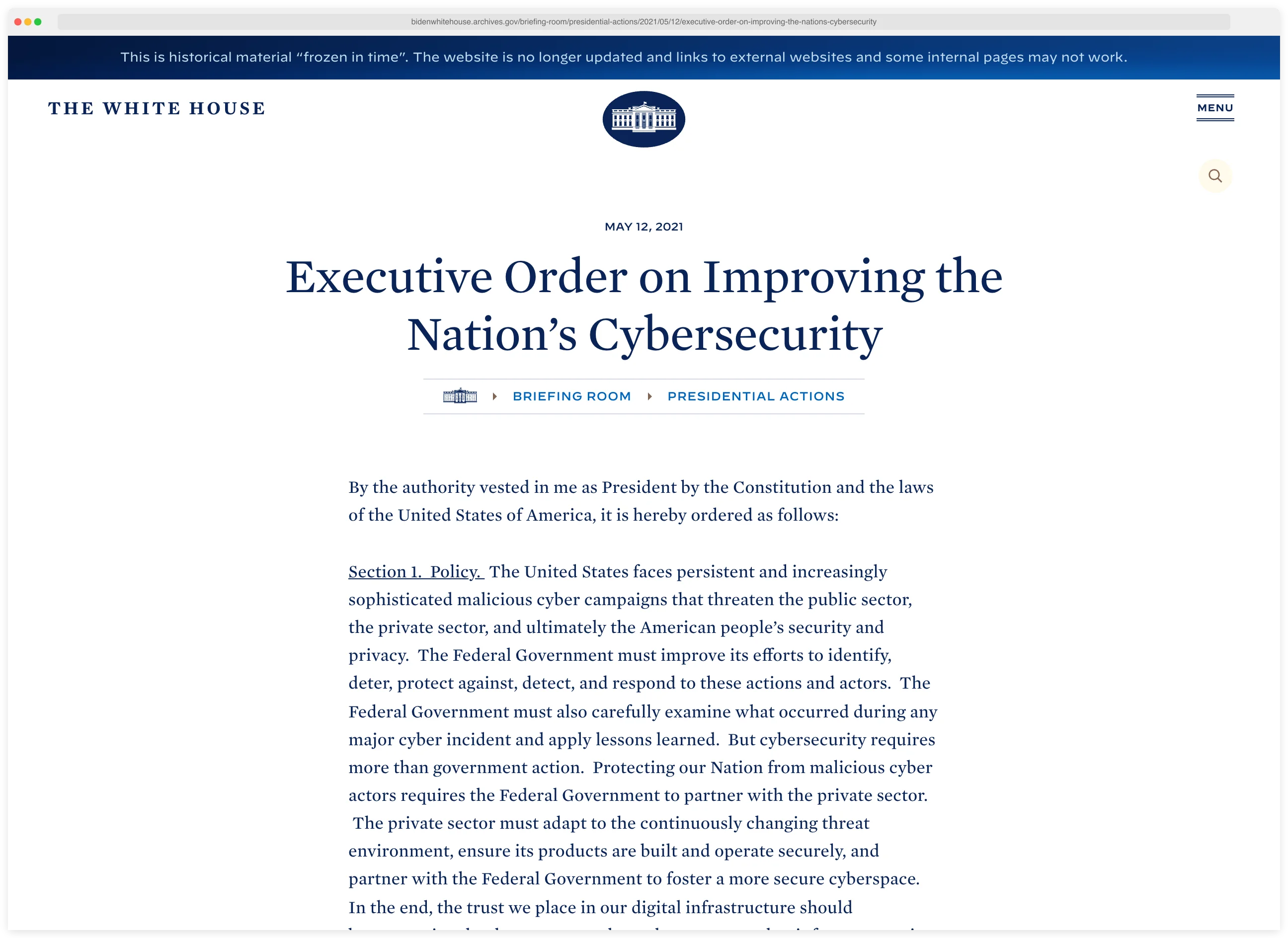 US Executive Order 14028 'Improving the Nation's Cybersecurity' page on the White House archive, Section 4 requiring software supply chain security and SBOMs for federal procurement