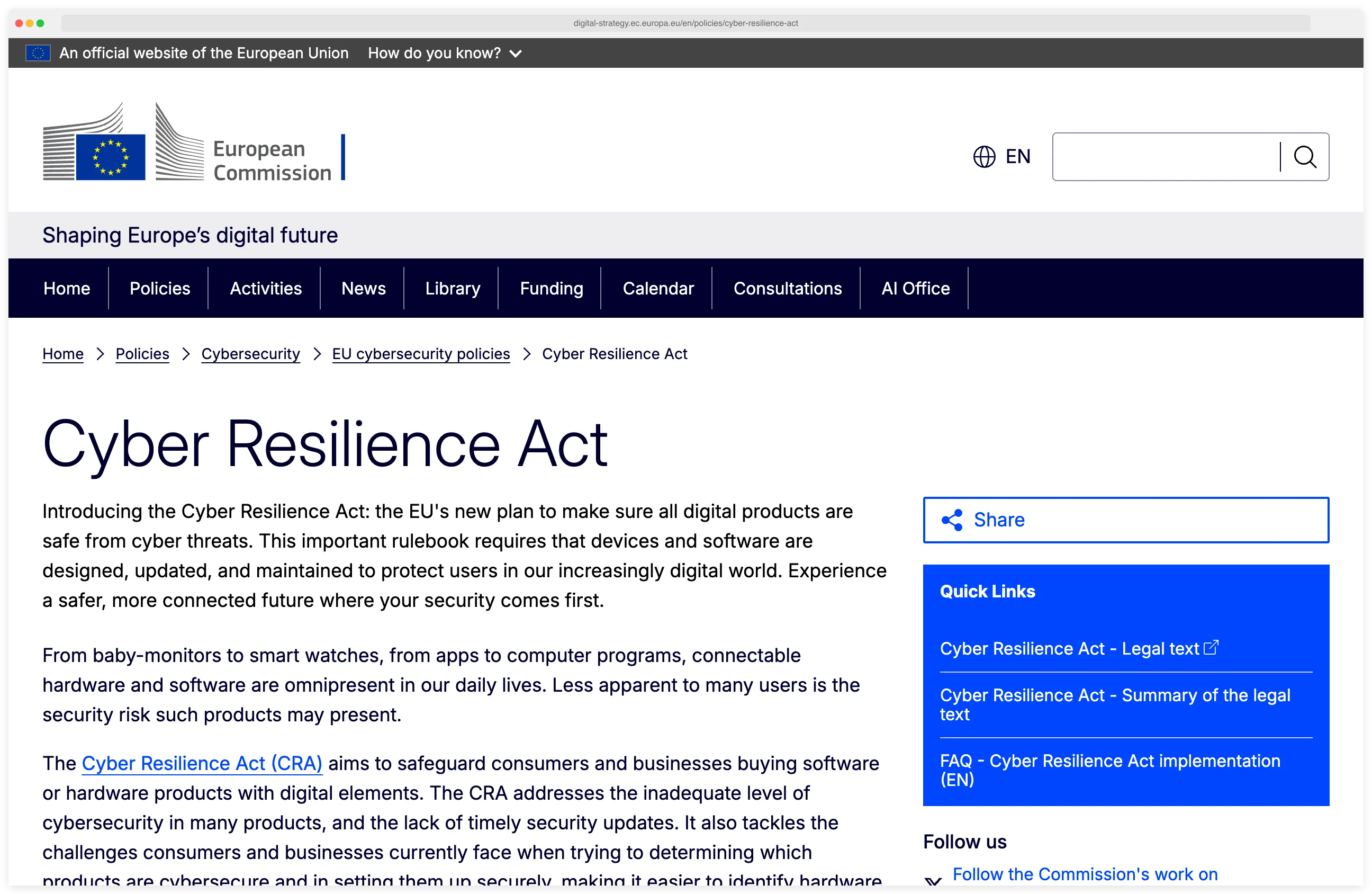 EU Cyber Resilience Act (CRA) policy page at digital-strategy.ec.europa.eu showing the regulation's scope for products with digital elements and the September 2026 and December 2027 enforcement milestones