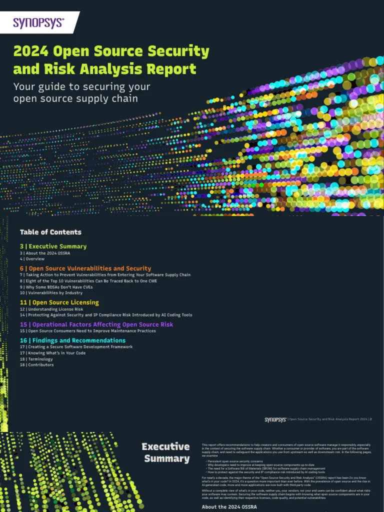 Synopsys 2024 Open Source Security and Risk Analysis (OSSRA) report page confirming 96% of commercial codebases contain open-source components with audit methodology