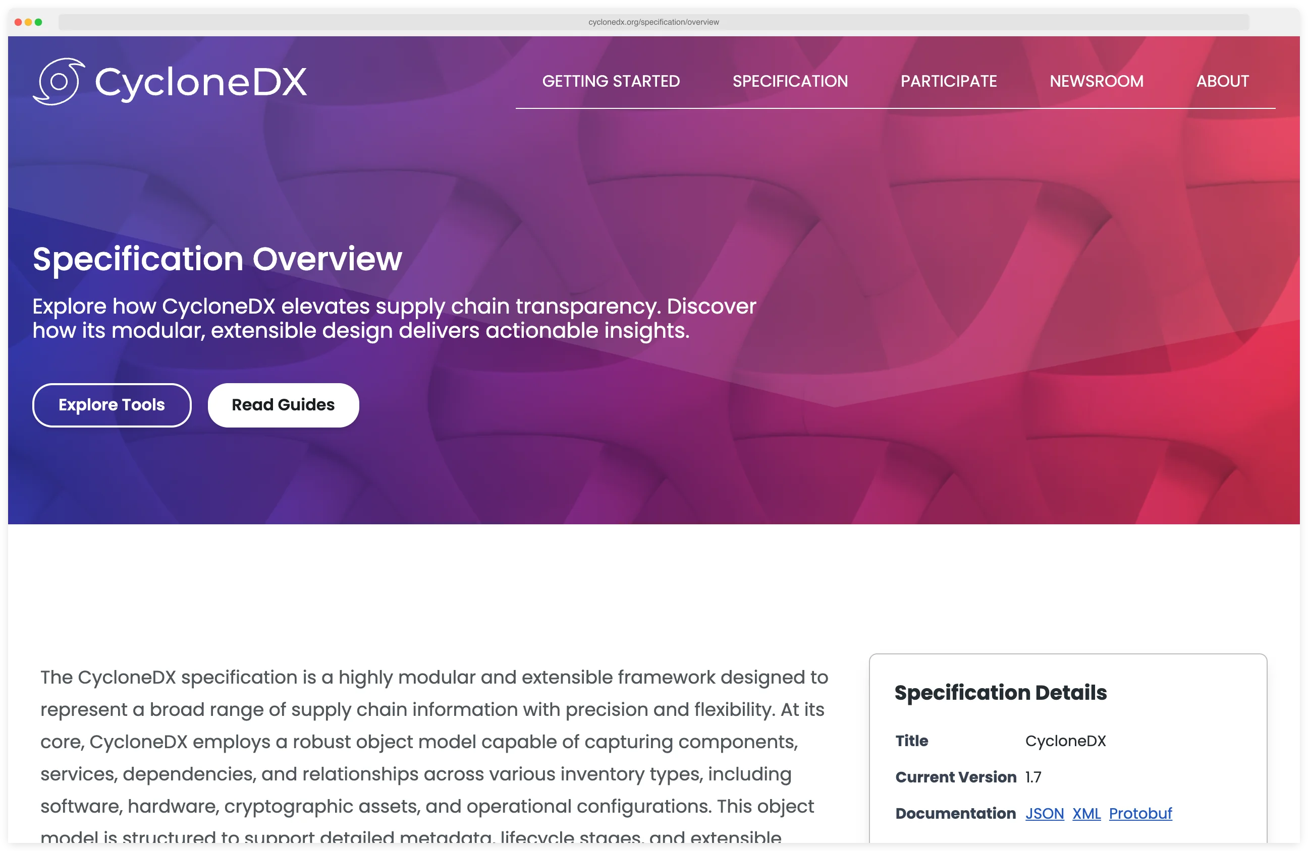 CycloneDX specification overview page at cyclonedx.org showing version 1.7 released October 2025 with BOM types SBOM, SaaSBOM, HBOM, AI/ML-BOM, CBOM and native VEX support