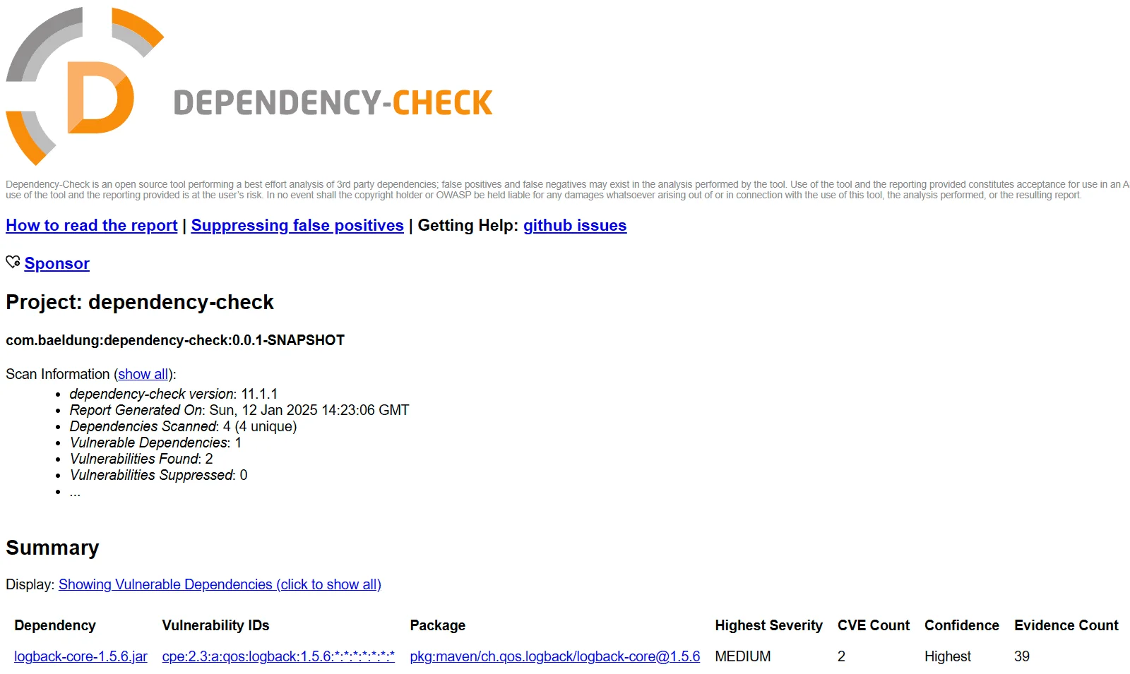 OWASP Dependency-Check HTML report for a Maven project com.baeldung:dependency-check showing scan info (version 11.1.1, 4 dependencies scanned, 1 vulnerable, 2 vulnerabilities found) and a Summary table listing logback-core-1.5.6.jar with its CPE, Medium severity, CVE count, and Evidence Count, concrete evidence of the evidence-based identifier approach described in the prose
