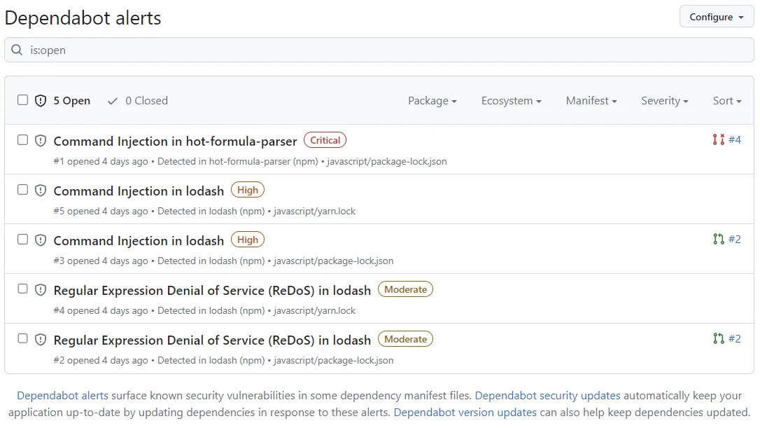 GitHub Dependabot alerts page filtered to five open advisories including Critical Command Injection in hot-formula-parser, two High Command Injection findings in lodash, and two Moderate Regular Expression Denial of Service alerts in lodash, each mapped to a package-lock.json or yarn.lock manifest
