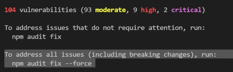 npm audit terminal output showing 104 vulnerabilities: 93 moderate, 9 high, 2 critical