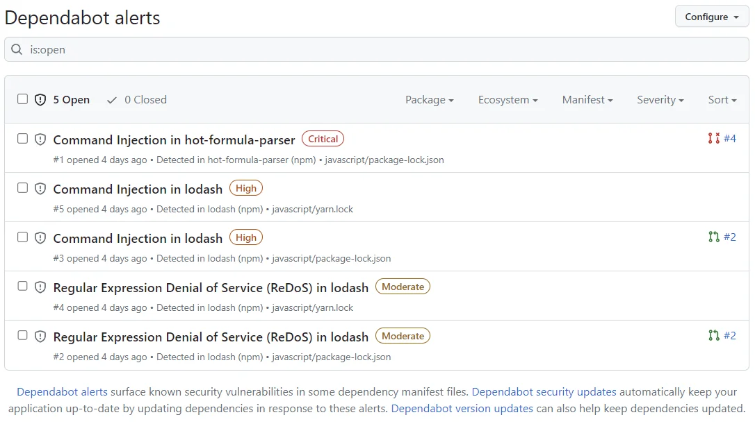 Dependabot alerts list showing 5 open vulnerabilities including critical Command Injection in hot-formula-parser and high severity lodash issues from package-lock.json