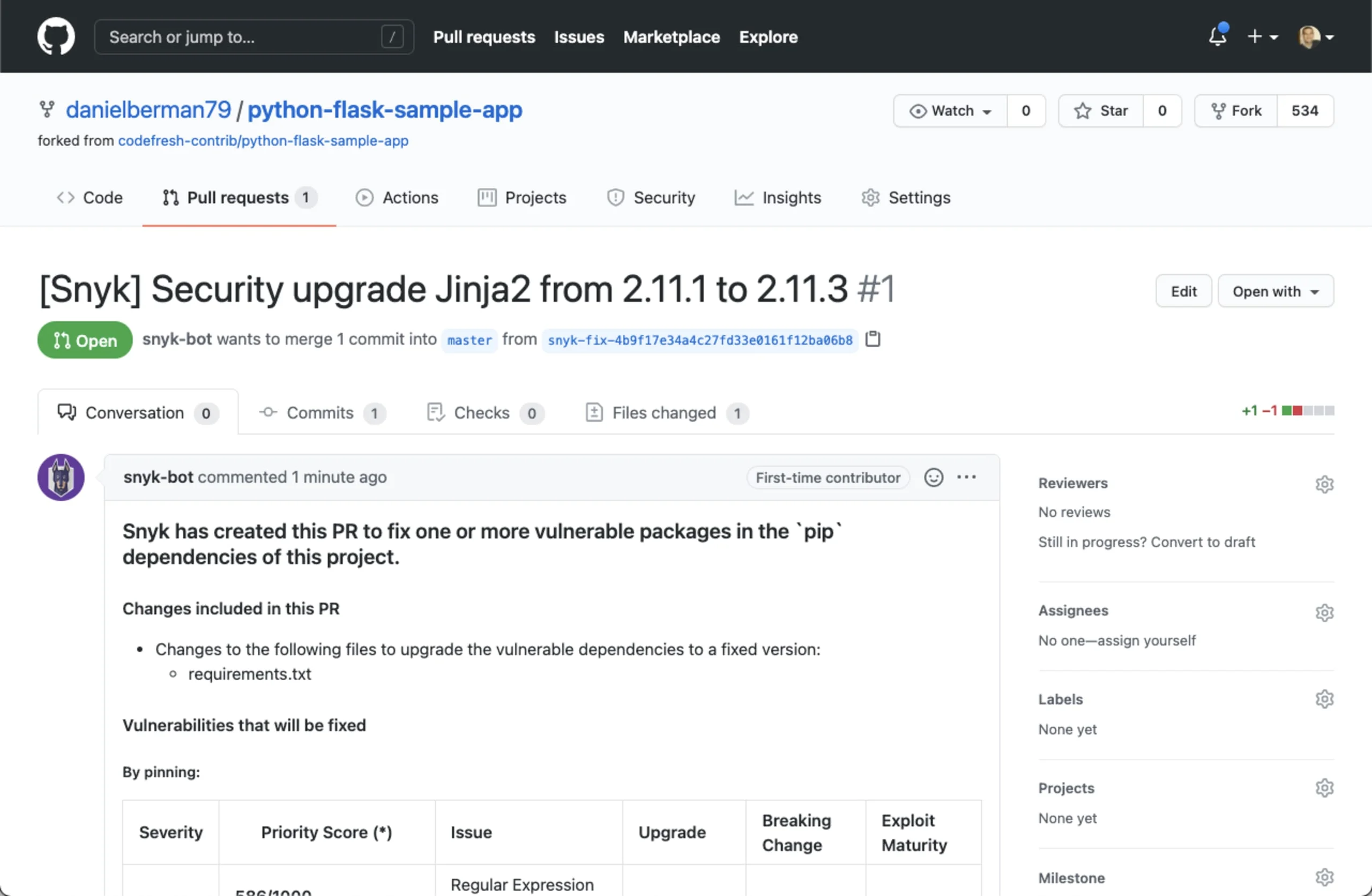 GitHub pull request from snyk-bot titled [Snyk] Security upgrade Jinja2 from 2.11.1 to 2.11.3 automatically updating requirements.txt, with a vulnerabilities-that-will-be-fixed table listing the advisory, priority score, severity, and upgrade path, concrete evidence of the auto-fix PRs and minimum version bumps described in the prose