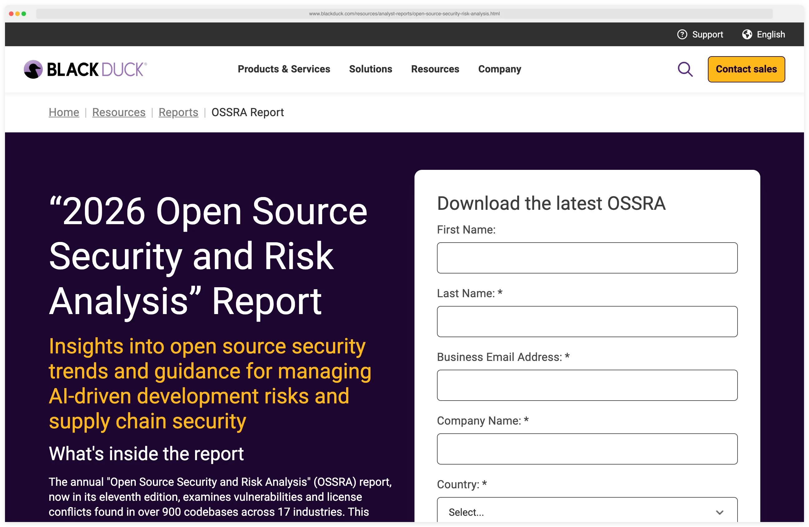 Black Duck 2026 Open Source Security and Risk Analysis (OSSRA) report landing page showing the annual report on its 11th edition covering vulnerability and license conflict trends across commercial codebases