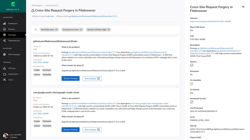 Endor Labs dependency findings UI showing a Cross-Site Request Forgery vulnerability in Filebrowser with CVE details, dependency graph, and reachability analysis panel on the right