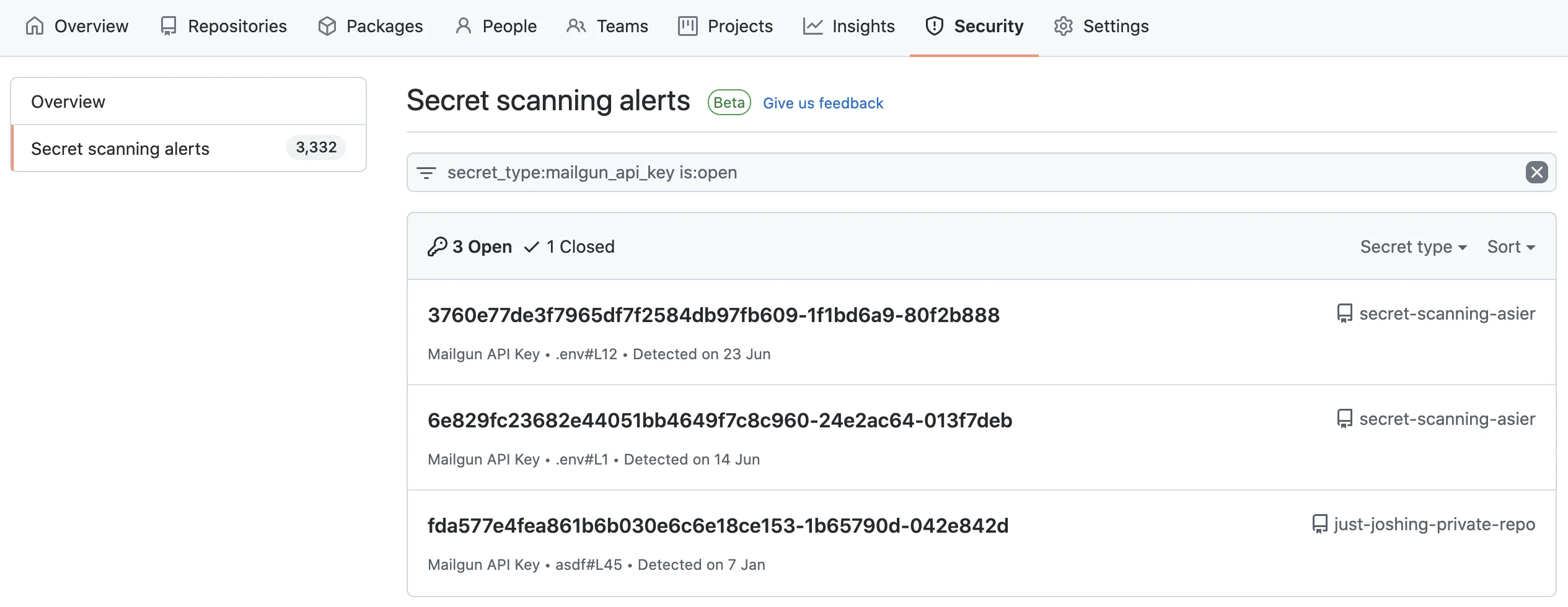 GitHub Docs page describing built-in Secret Scanning with partner-pattern detection and push protection for 200+ service providers including AWS, Google Cloud, Stripe, and Twilio
