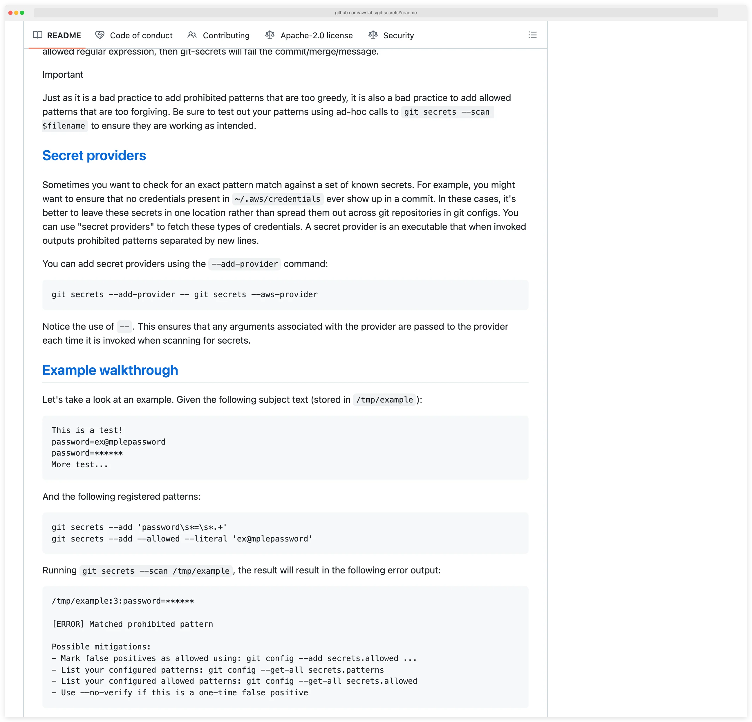 awslabs/git-secrets GitHub repository page showing the Apache 2.0 lightweight git hook that scans commits for AWS access key and secret key patterns