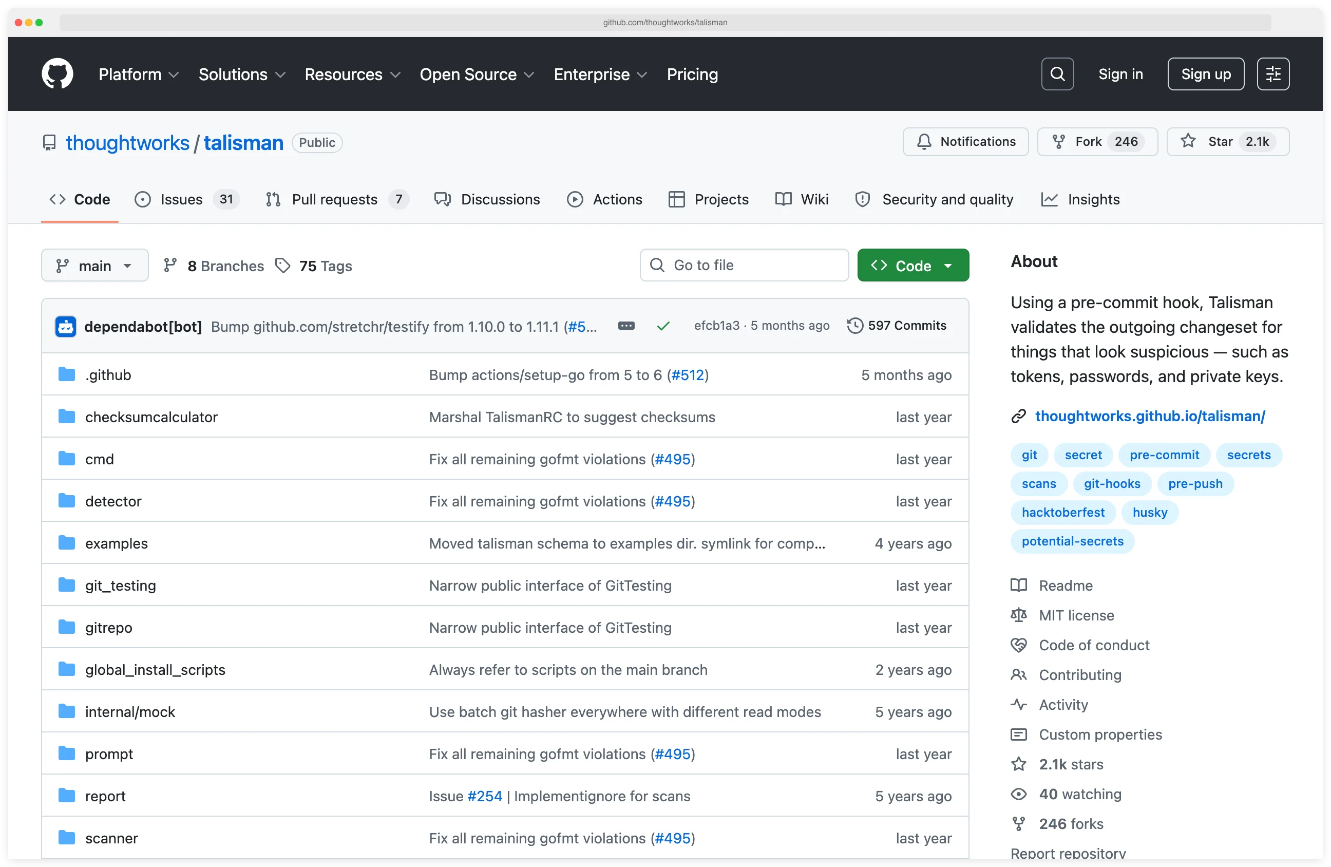 thoughtworks/talisman GitHub repository page showing the MIT-licensed pre-commit and pre-push git hook for credential, SSH key, and auth token detection