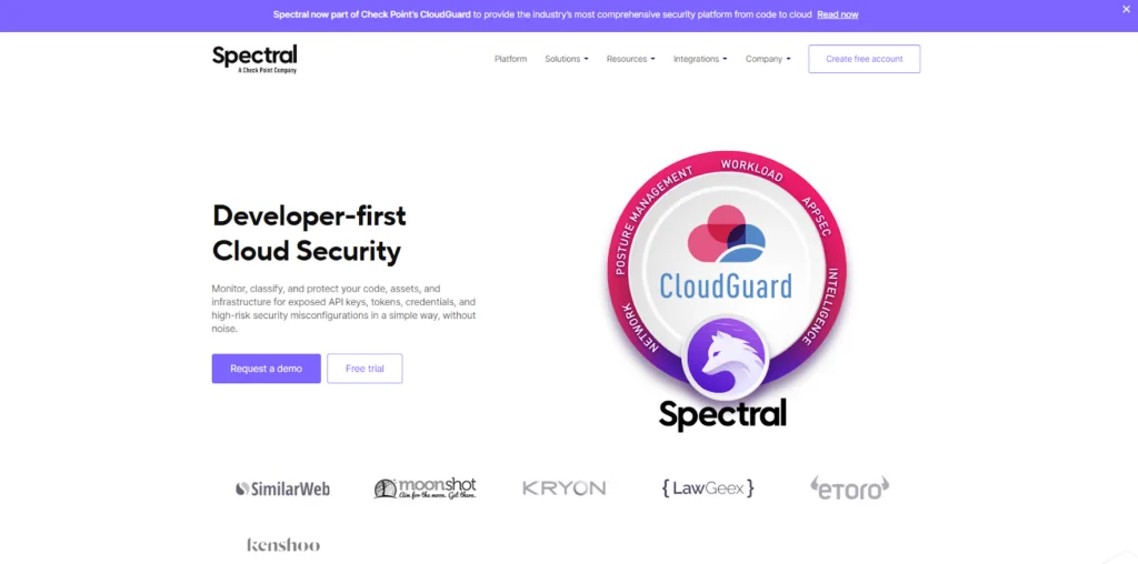 SpectralOps by Check Point product homepage positioning the commercial secrets and Infrastructure-as-Code scanner integrated into the CloudGuard platform