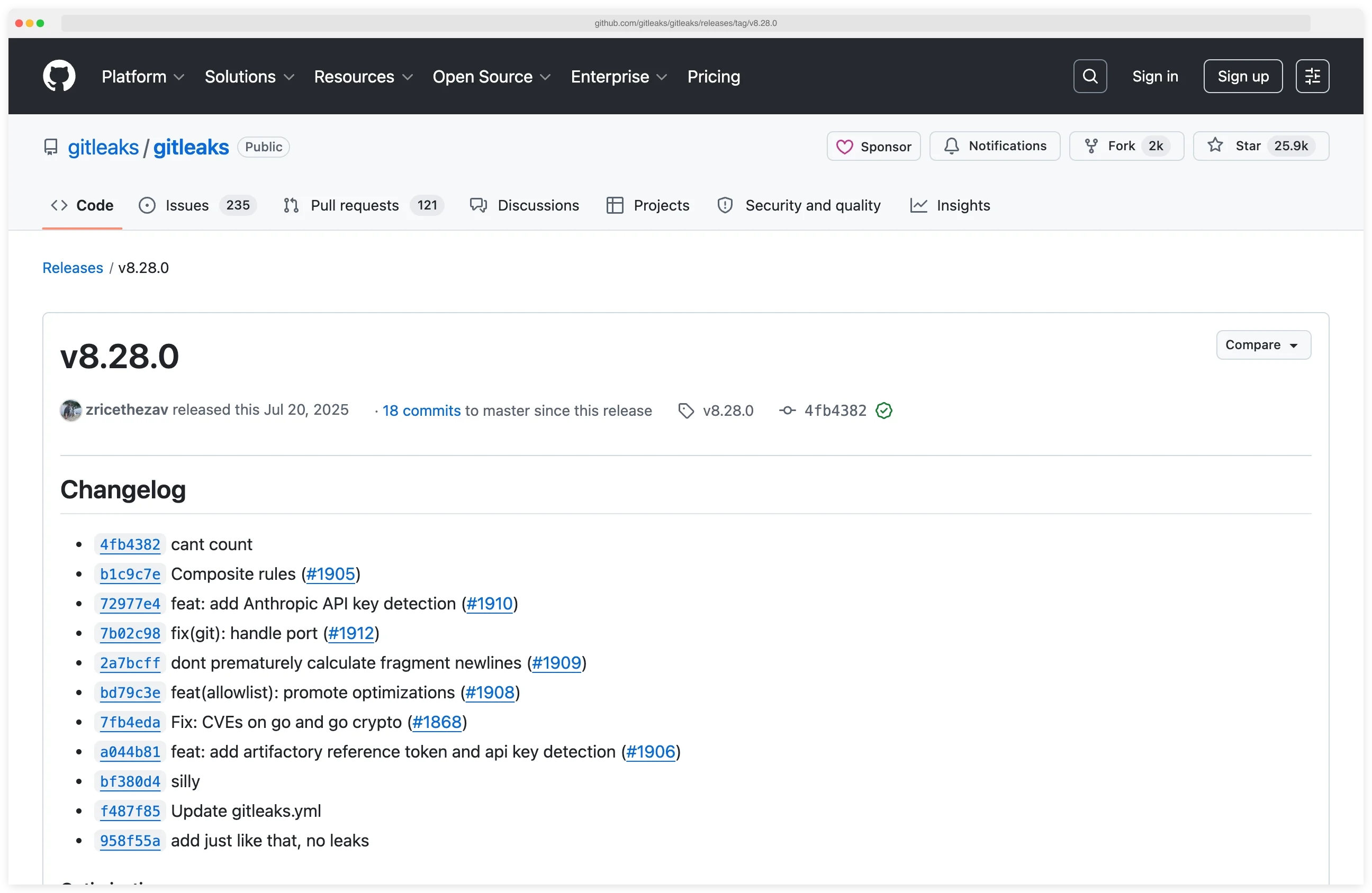 Gitleaks v8.28.0 GitHub release notes page documenting composite rules that combine primary and auxiliary detection patterns with proximity constraints