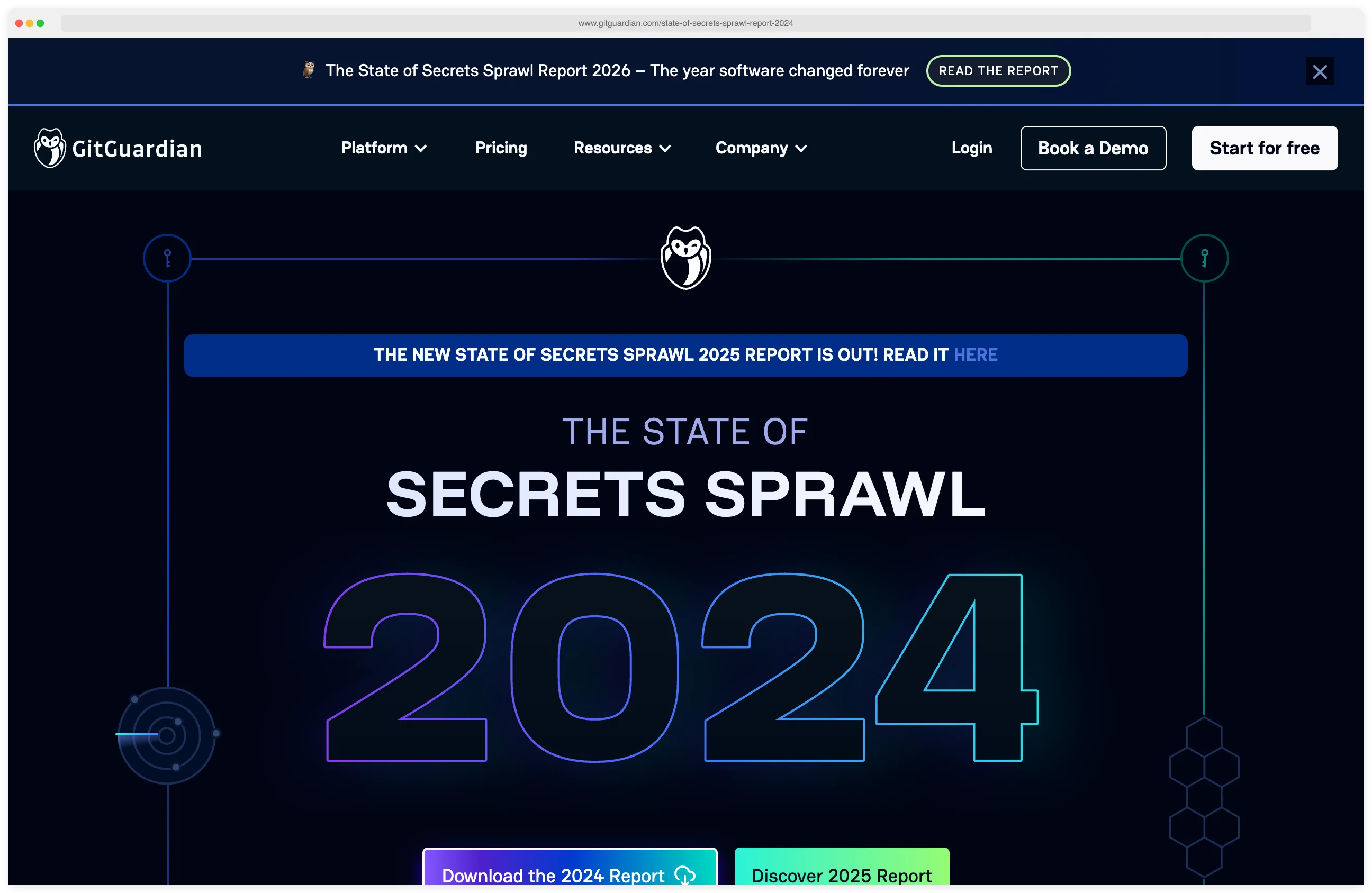 GitGuardian State of Secrets Sprawl 2024 report landing page showing the 5.5 hardcoded secrets per developer per year headline metric