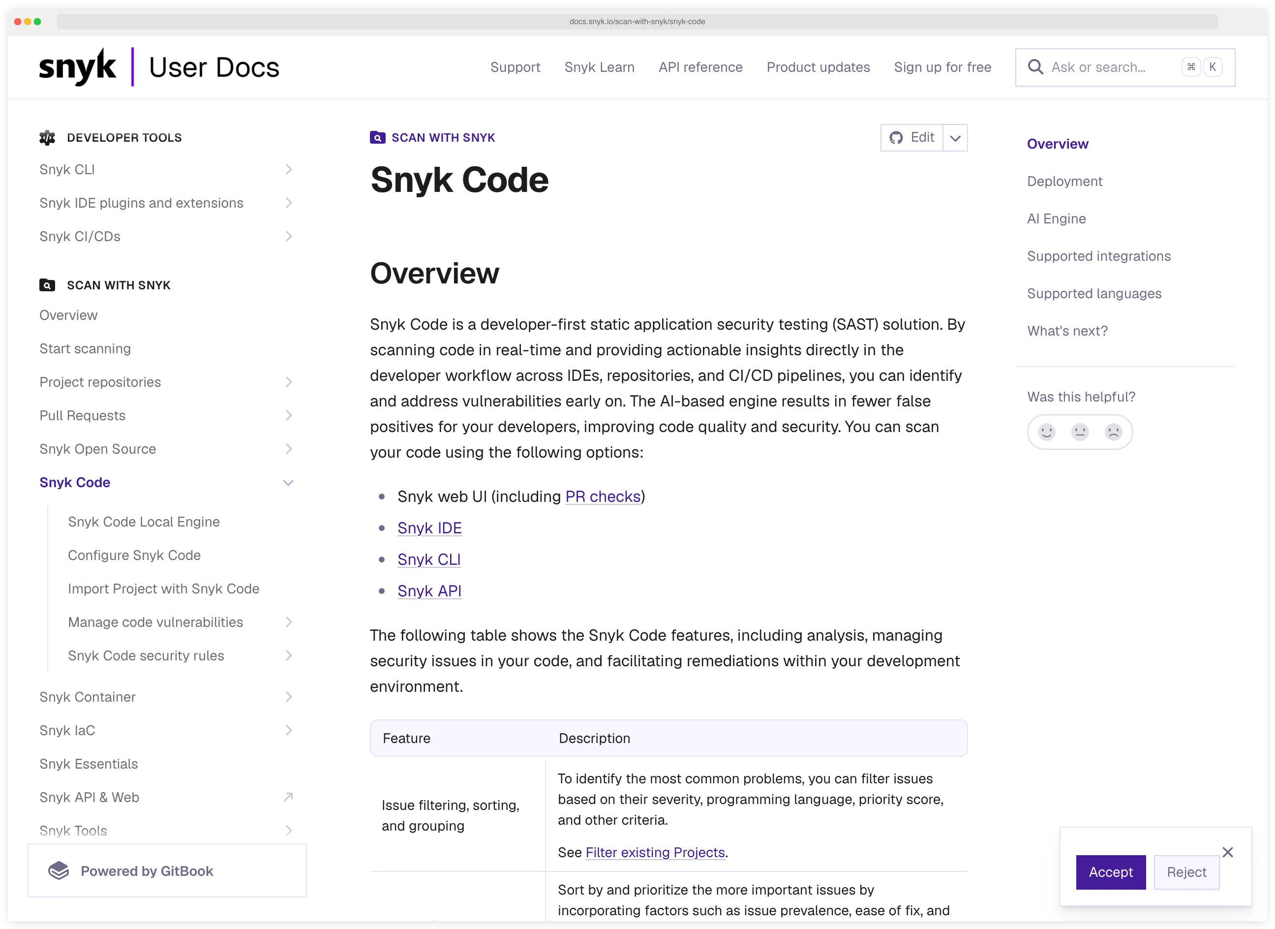 Snyk Code documentation interface showing the developer-first SAST product layout with CLI, IDE, and CI/CD scan surfaces listed alongside Snyk Open Source, Container, and IaC, illustrating Snyk's developer-workflow orientation