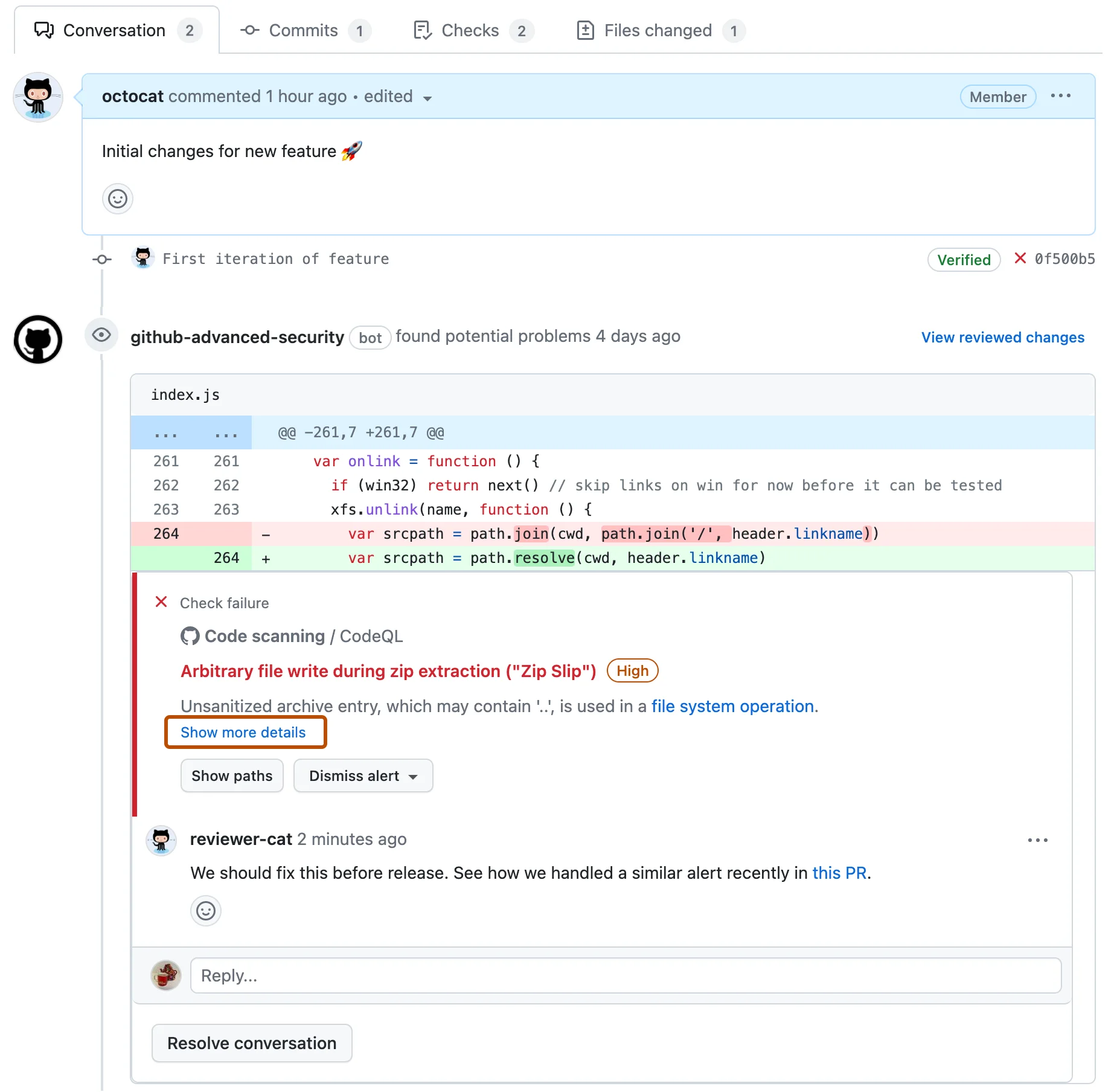 GitHub CodeQL code scanning alert in a pull request showing arbitrary file write vulnerability with High severity